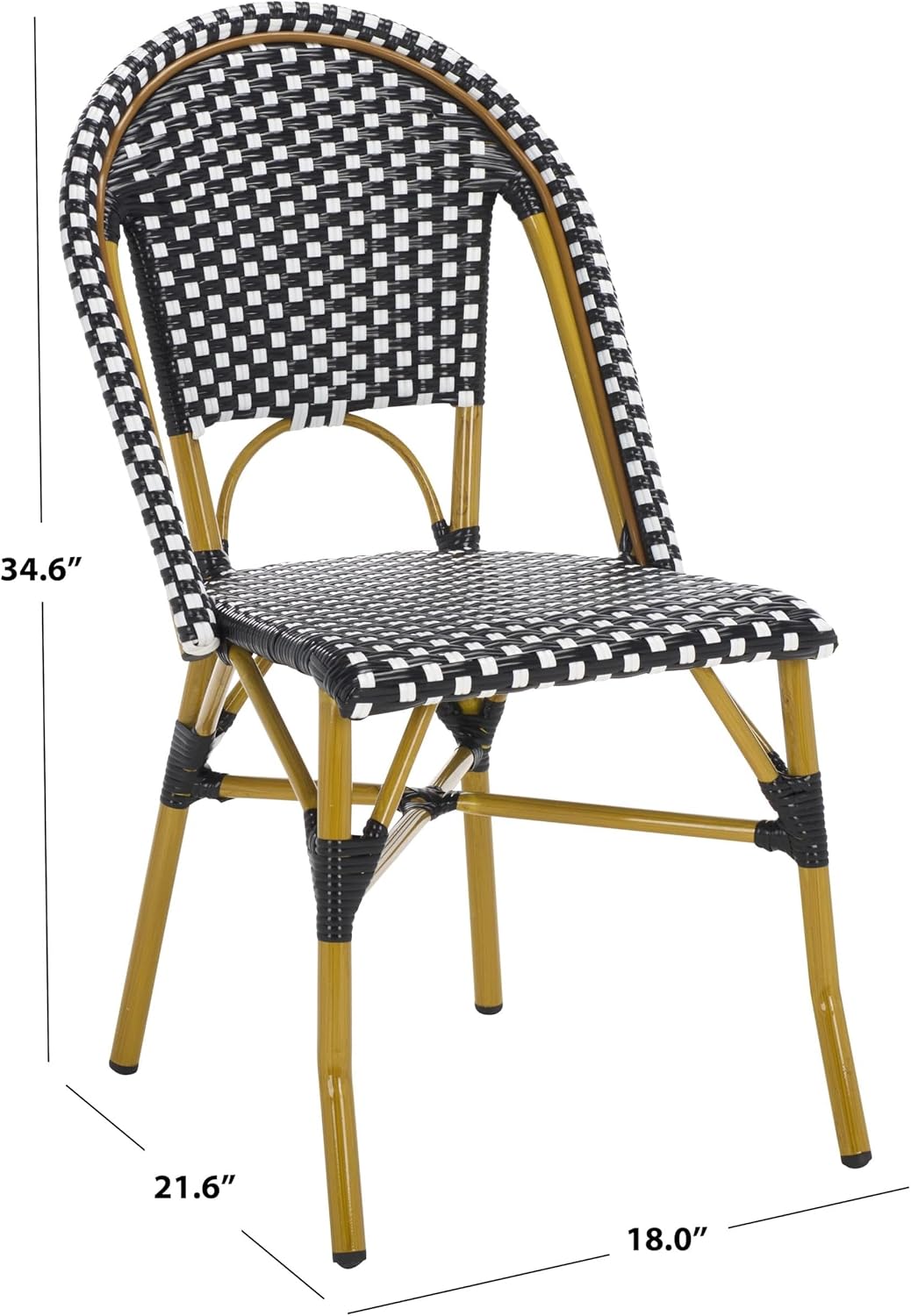 Pemberly Row Indoor/Outdoor Rattan Side Chairs, Black/White Wicker with Faux Bamboo, Weather Resistant, Stackable Set of 2, 34.6" H x 18" W x 21.6" D, Bistro Style Dining or Patio Seating