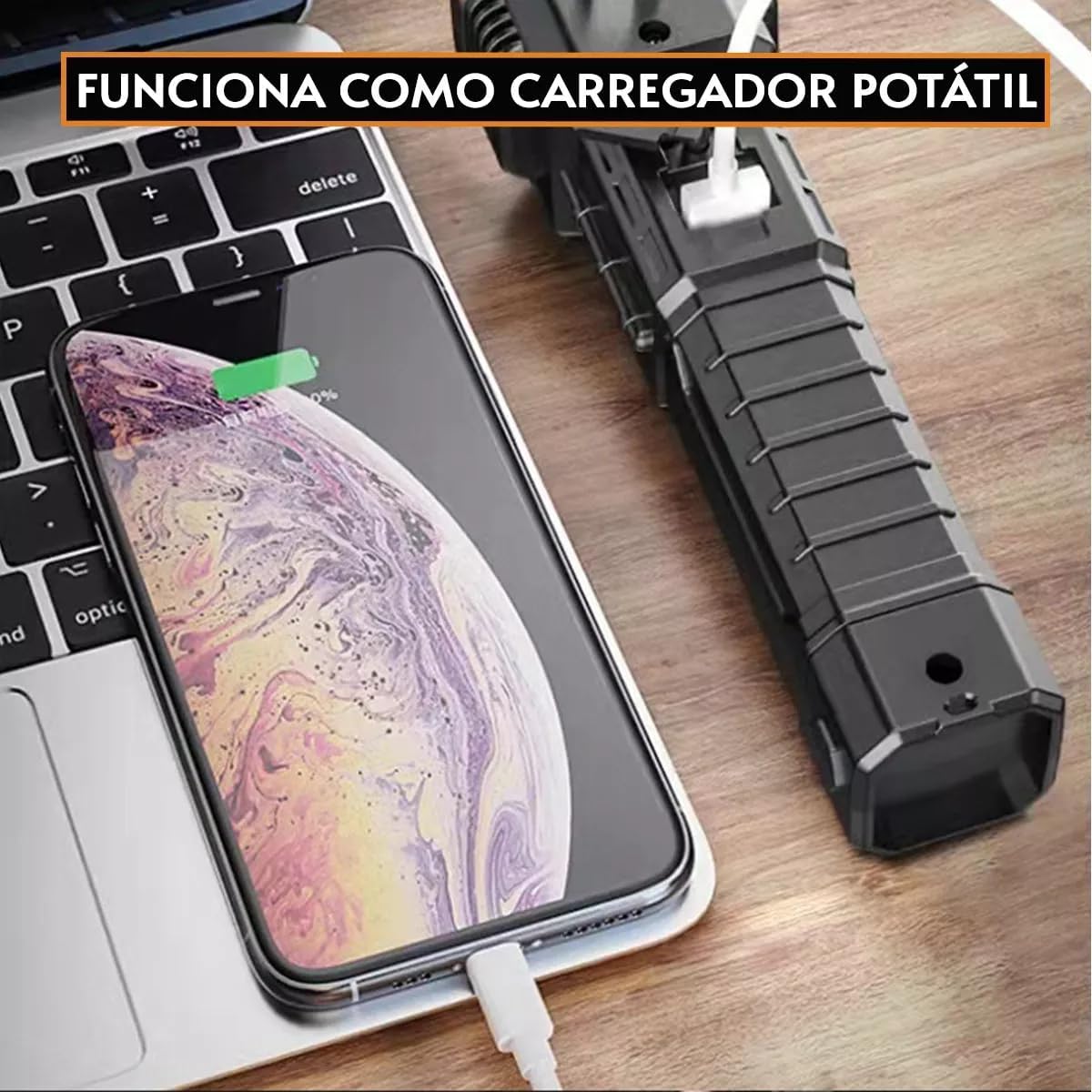 Lanterna Pro Titanium 4 em 1 Tática Militar Multifuncional Com LED Ultra Potente, Á Prova D'Água, Carregamento Turbo USB, Martelo de Tungstênio e Server Como Power Bank Portátil para Celular