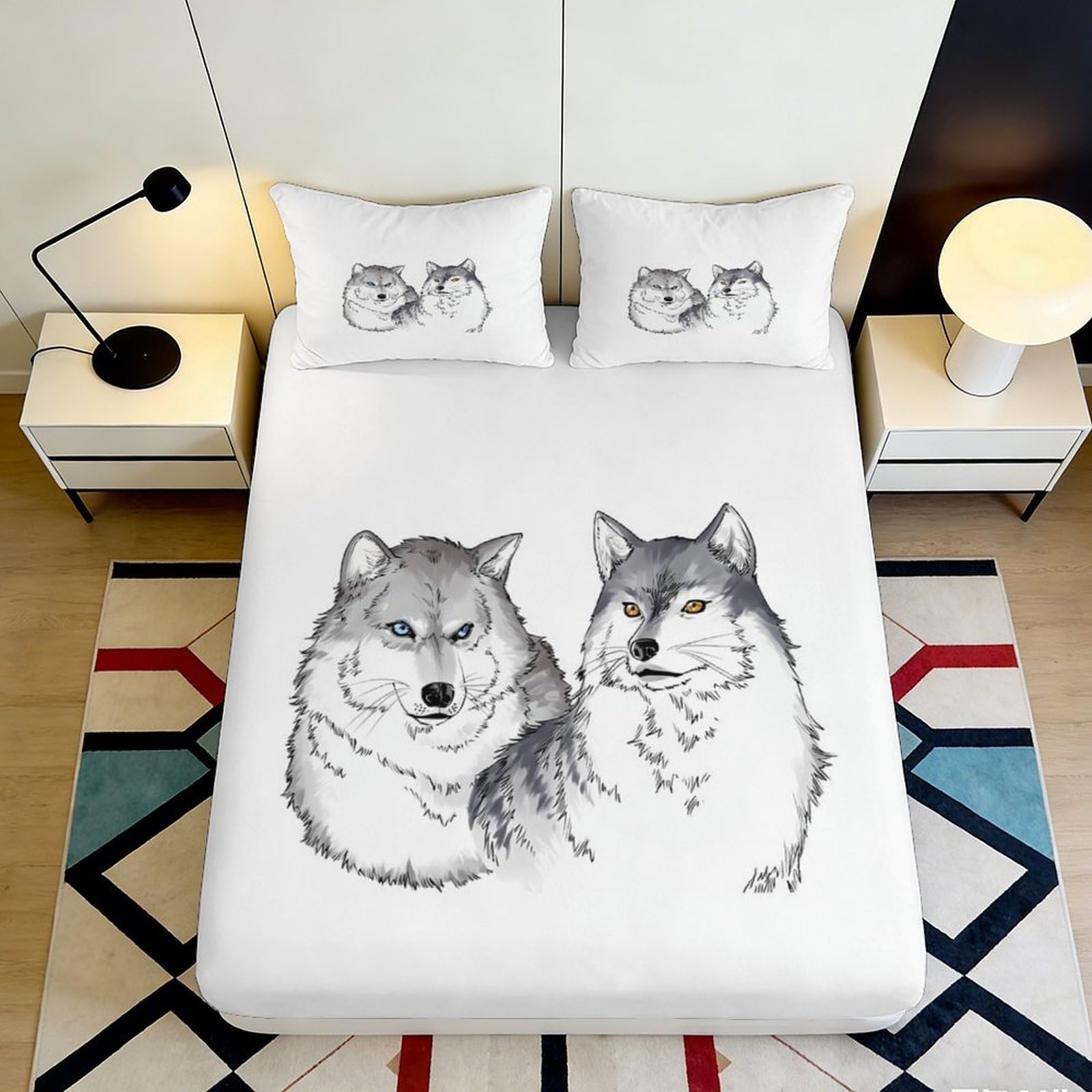 3D Printed Wolf Art Fitted Sheet Microfiber Durable Husky Dog Bed Sheet for Bedroom Guest Room Mattress Decor 90x200x25cm