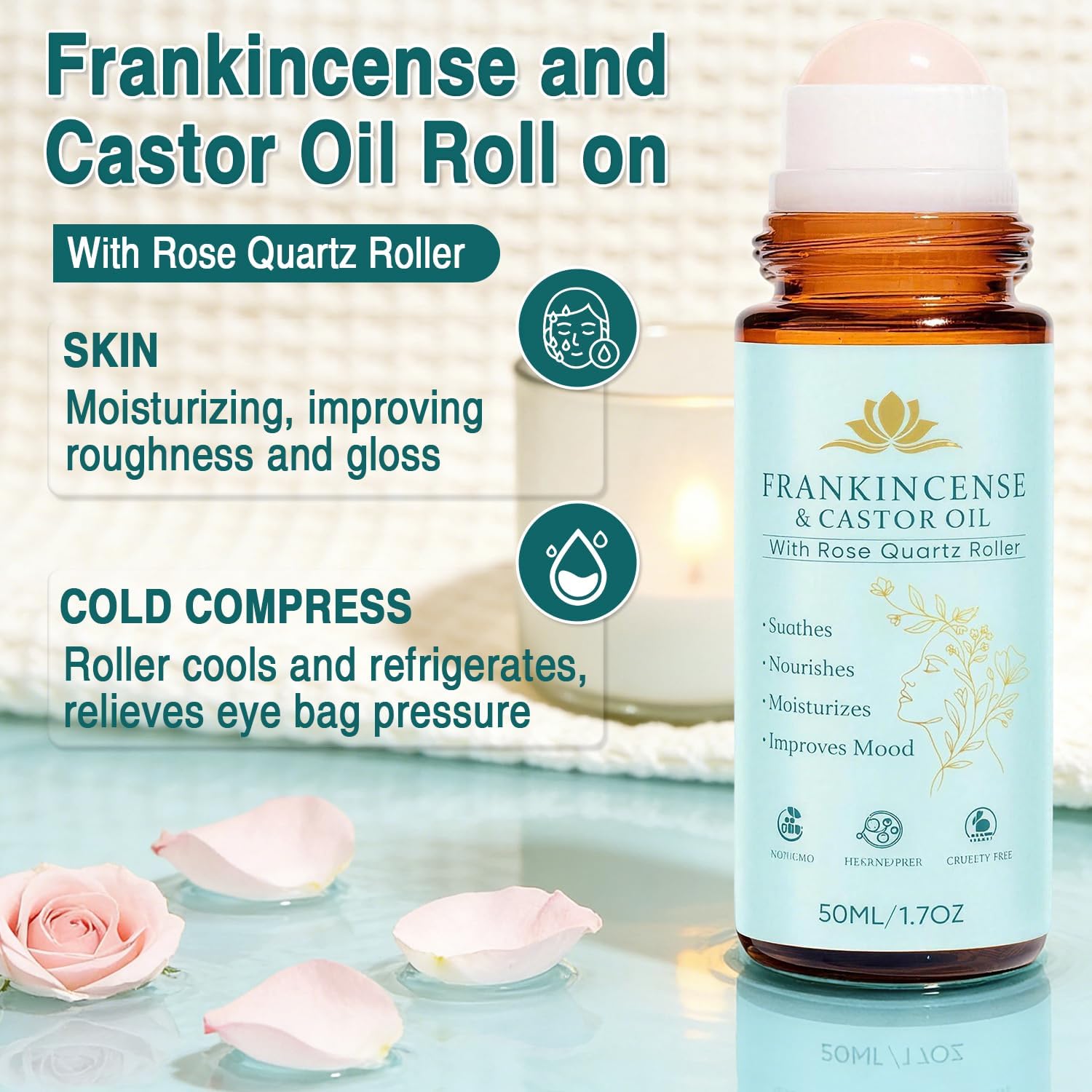 Frankincense and Castor Oil Rose Quartz Roller, Castor Oil Roll On, Organic Cold -Pressed, Firms Skin,Reducing Fine Lines, Suitable for Face, Neck, Abdomen, 50ML/1.7OZ - Image 2