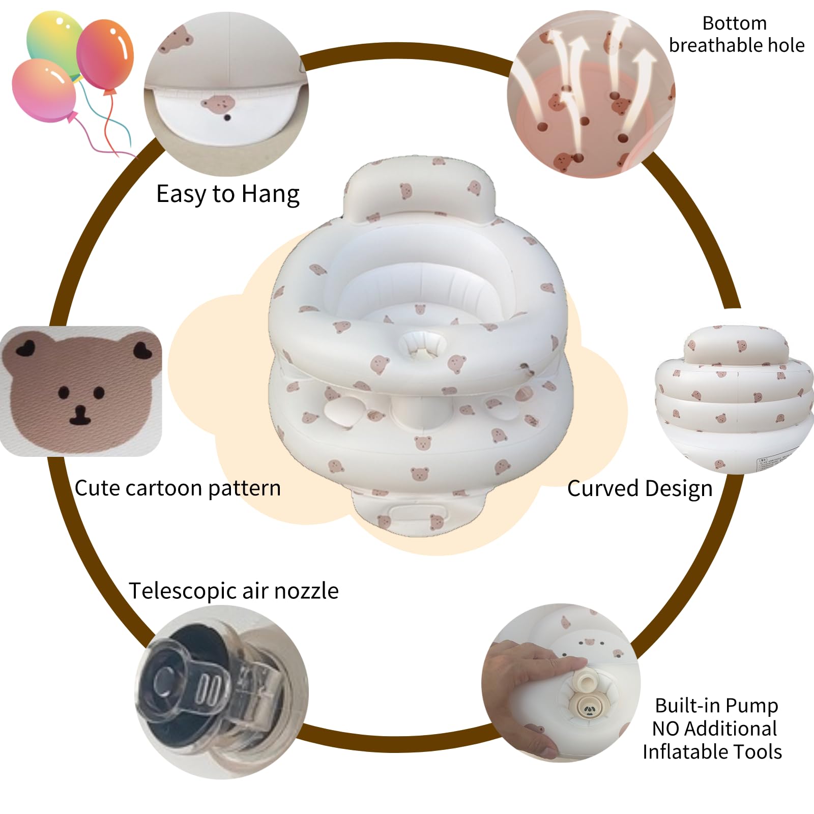 Upgrade Baby Inflatable Seat for Babies 3-36 Months Built in Air Pump Infant Back Support Summer Sofa Toddler Chair for Sit Up Baby Shower Seat Floor Seater Gifts (Upgrade Bear) - Image 3