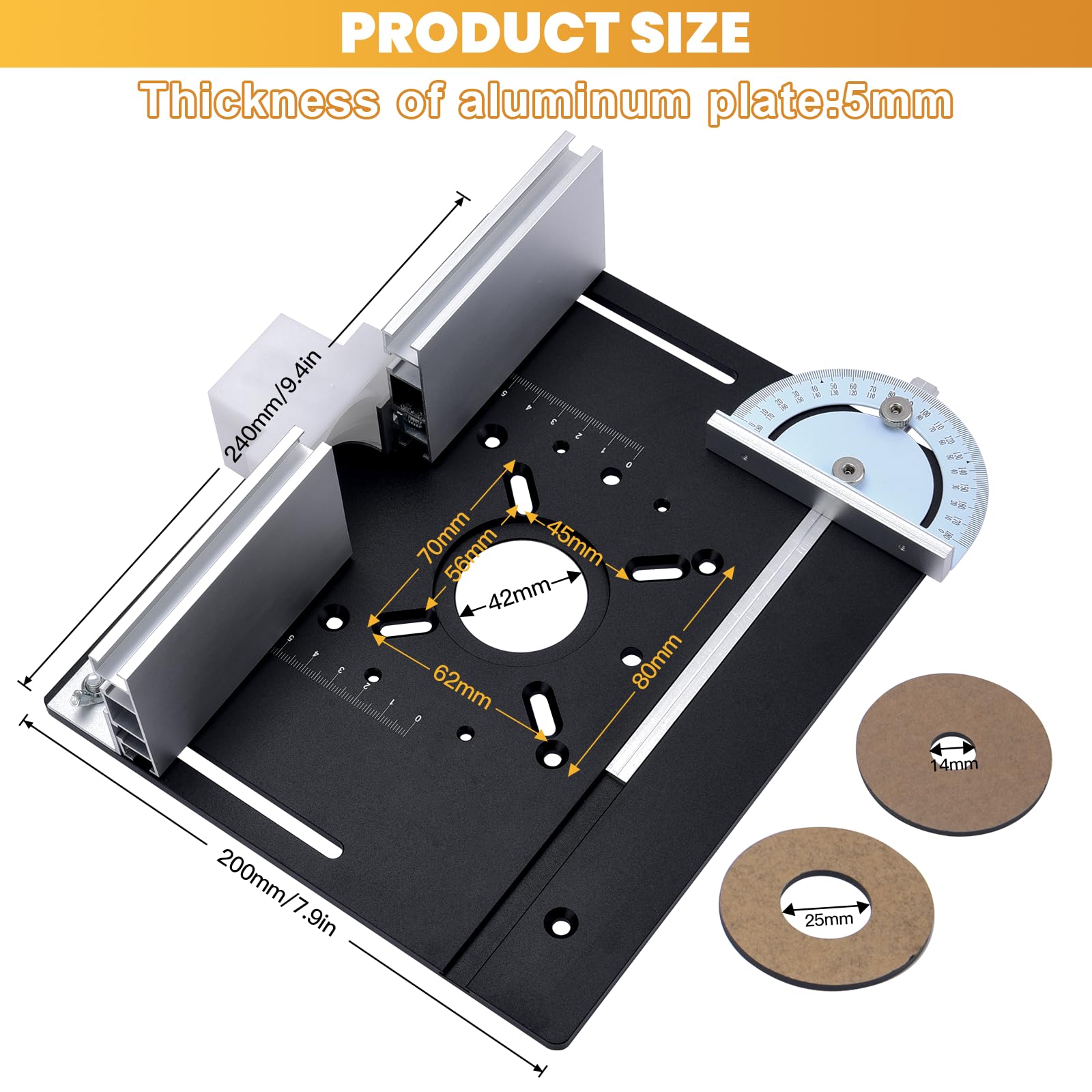 Placa de Inserción de Aluminio para Mesa de Fresadora con Guía Trasera y Regla de Ángulo, Negra
