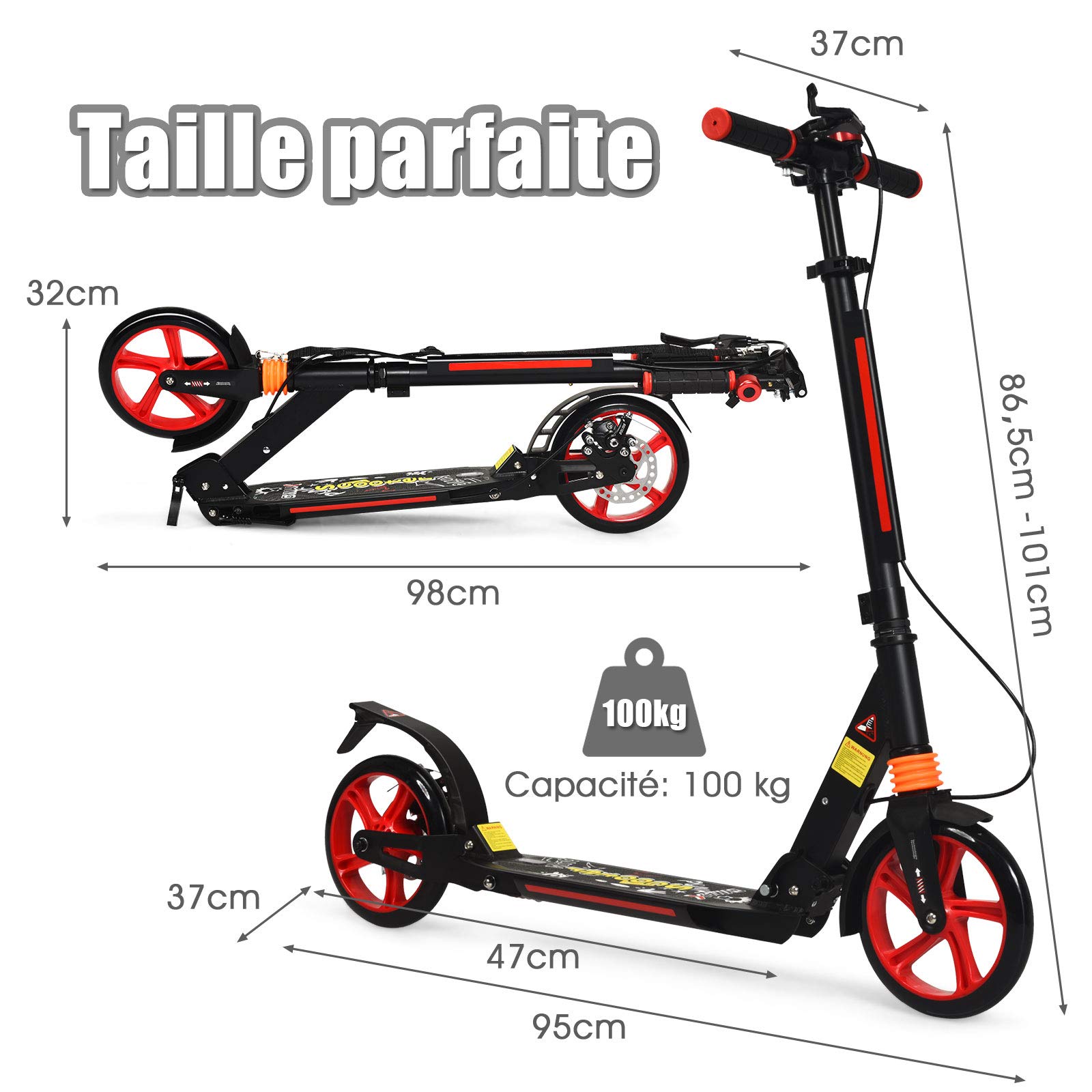 GOPLUS Trottinette Pliable avec Freinage Double, Guidon Réglable (86,5-101CM), Système d'Absorption de Choc pour Adultes, Enfants Plus de 8 Ans, Jusqu'à 100kg