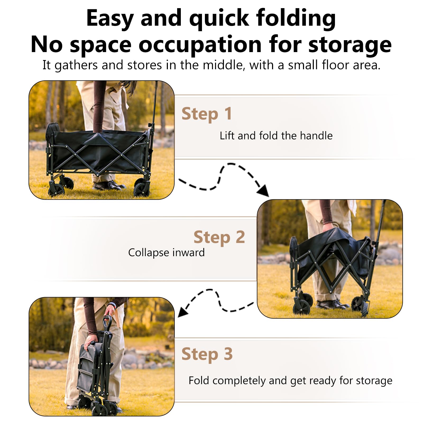 Chariot de Plage Pliable 120L (120KG), Chariot Pliable avec Hayon Arrière Rabattable à Plat pour Objets Longs, Chariot à roulettes 360° + 2 Porte-Gobelets, pour Camping & Shopping, Jardin