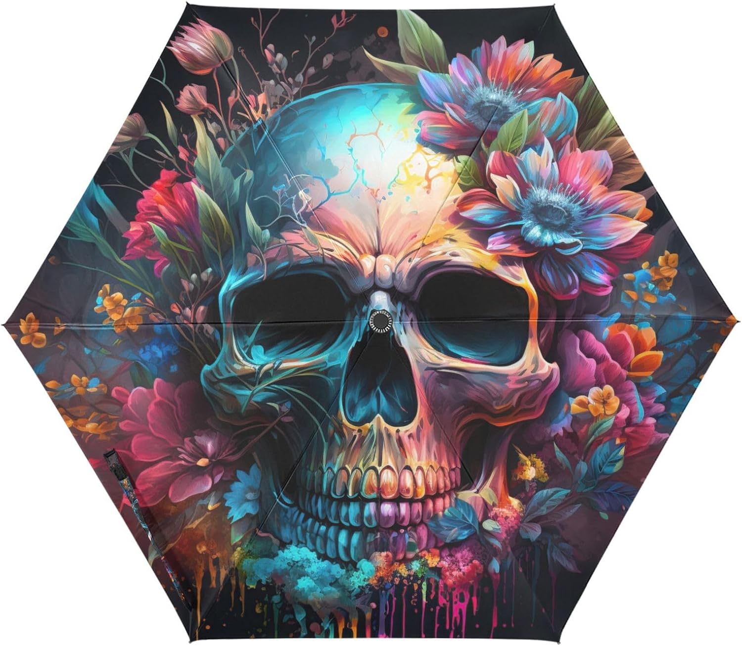 Vivid Flower Skull Travel Umbrella Auto Open and Close, Automatic Umbrellas with Case Pouch for Rain Windproof UV Protection Portable Canopy Print