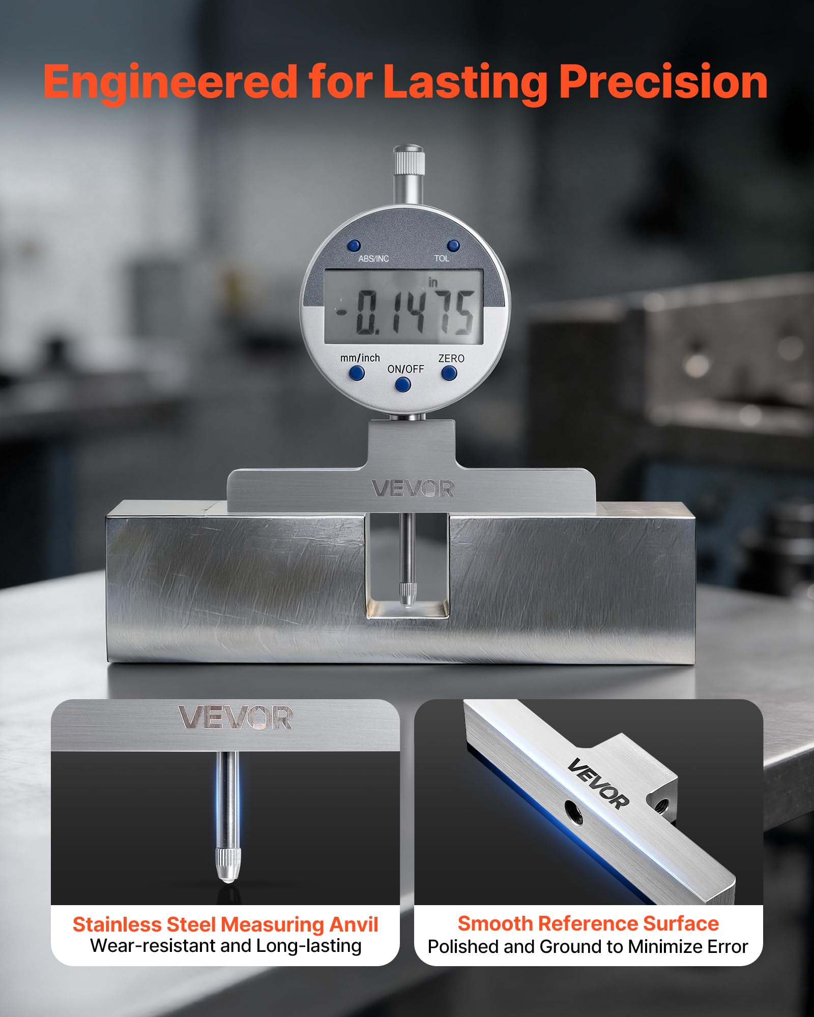 VEVOR Cyfrowy miernik głębokości miernika, zakres pomiarowy od 0 do 558,8 mm, precyzyjna jednostka konwersji z 4 kowadłami, przyrząd pomiarowy do rowków, stopnia, otworu