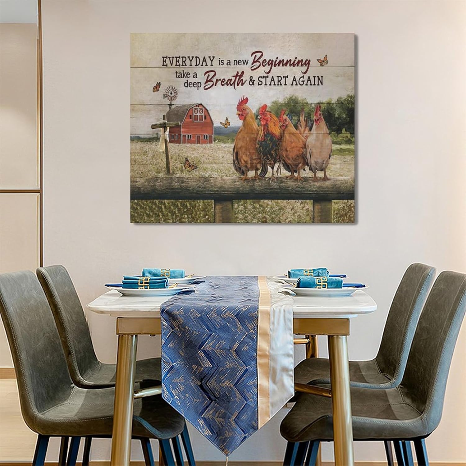 Farmhouse Rooster Kitchen Wall Art Rustic Animals Chicken Old Barn Cross Pictures Wall Decor Farm Inspirational Quotes Canvas Print Framed Modern Painting Artwork for Bedroom Living Room 24"x20"