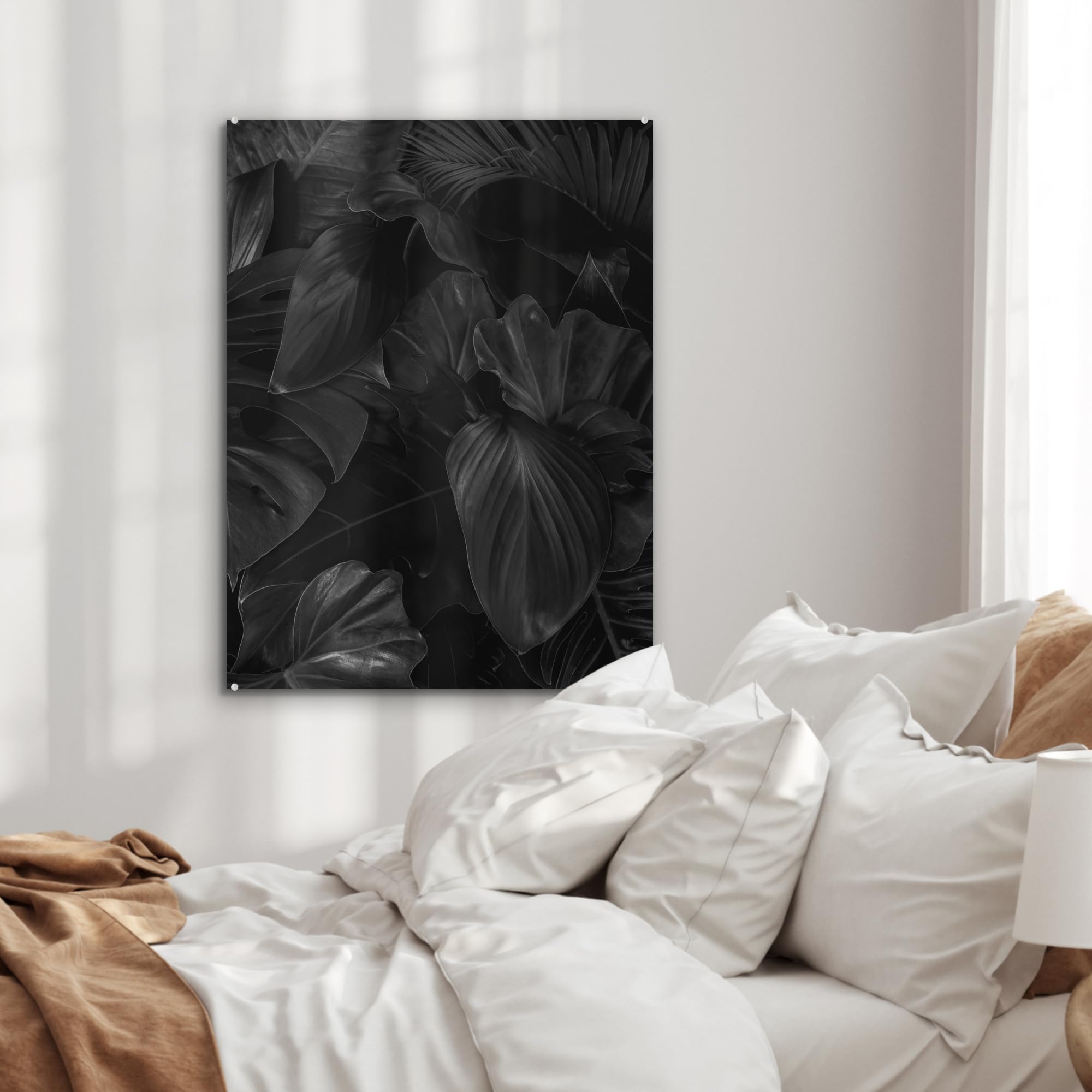 MuchoWow© Quadri Grande Formato 60x80 cm Mini Poster Parete Moderno Interno Stampa Foto Su Vetro Salotto Cornice Murale Arredamento Foglie - Nero - Piante - Scuro