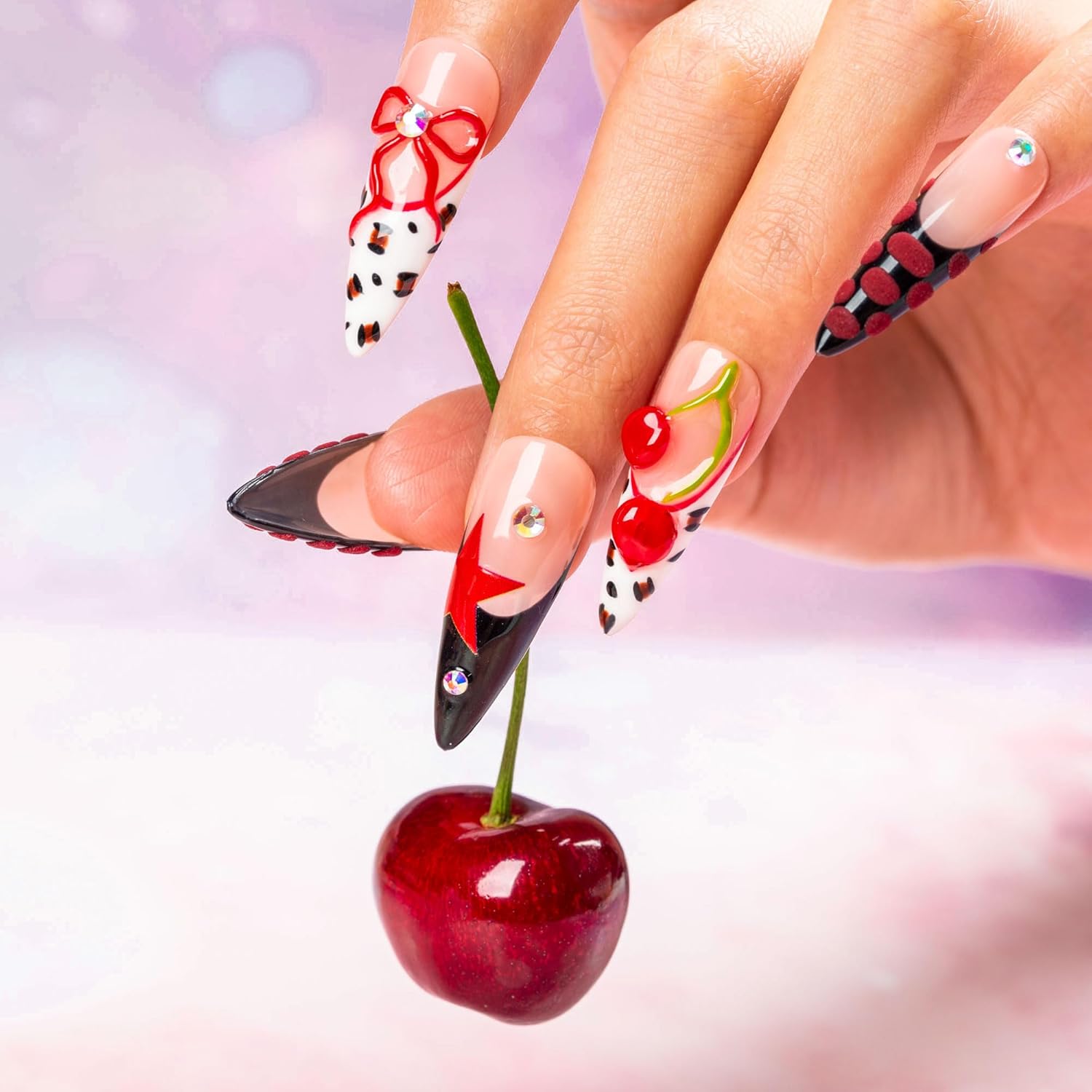 LOVFUL Press on Nails Cherry Bombshell | Handmade with Full Covered Crystals | Reusable Full Cover Nails | Stiletto Classic Regular 1.3 in | H467-M