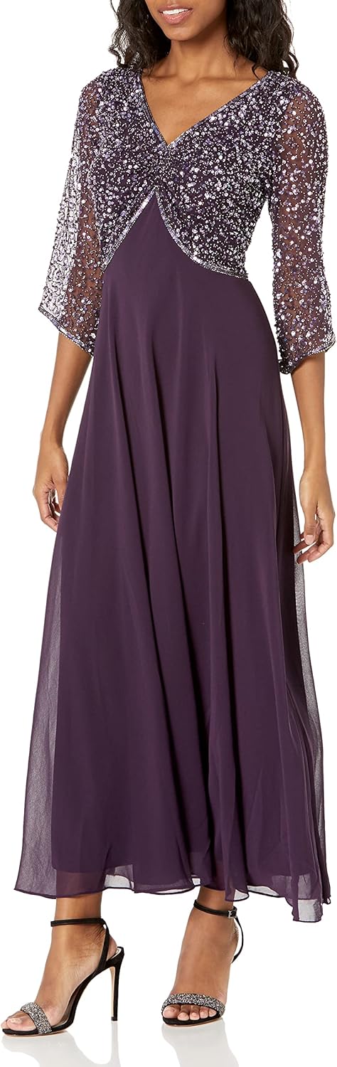 J Kara Women's Petite 3/4 Sleeve V-Neck Beaded Top Long Gown