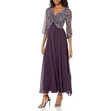 J Kara Womens Petite 3/4 Sleeve V-Neck Beaded Top Long Gown