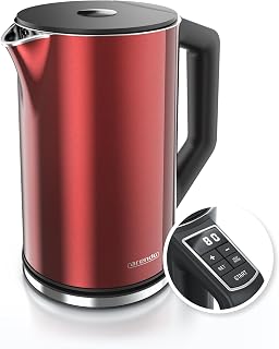 Arendo Stainless steel kettle with temperature setting 40-100 degrees in 5 steps - double walled design - model ELEGANT - 1.5 litres - 2200 W - Tea maker with temperature display - GS - Red