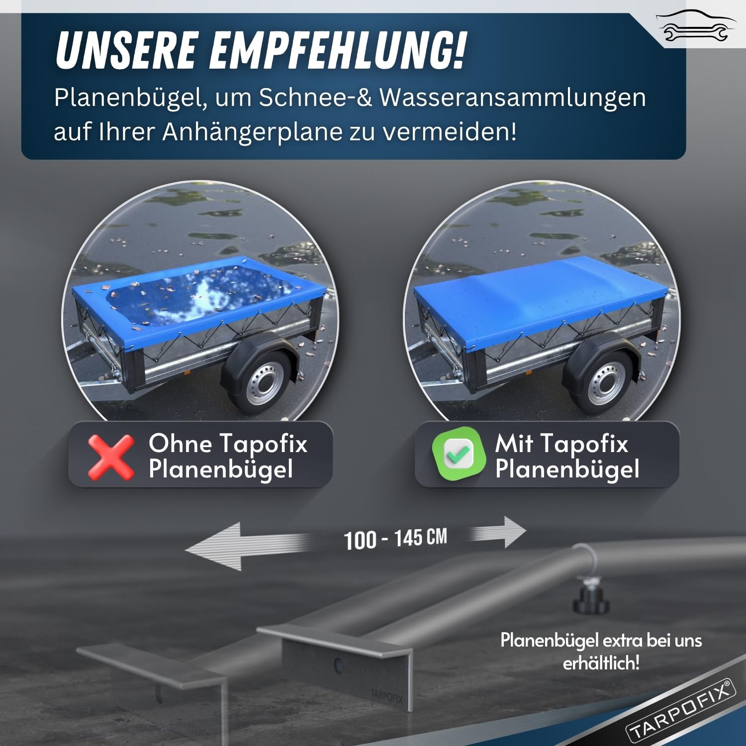Tarpofix® Anhänger Plane 210 x 115 cm inkl. Planenseil | Anhängerplane Flachplane aus PVC PLANENMATERIAL | Verstärkte Böckmann Anhänger Plane für 750kg PKW Hänger | Abdeckplane Anhänger Abdeckung Blau