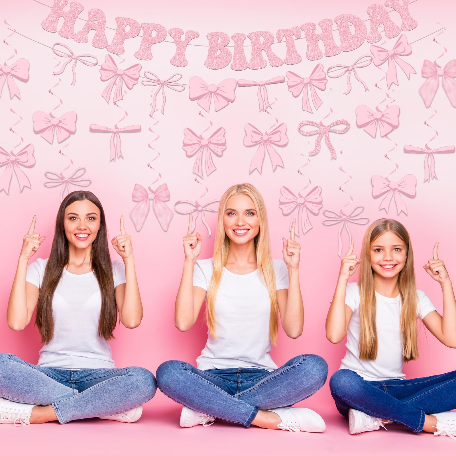 Pink Bow Birthday Party Decorations Kit - Includes Happy Birthday Banner, Garland & 16 Hanging Swirls, For Girls Baby Shower