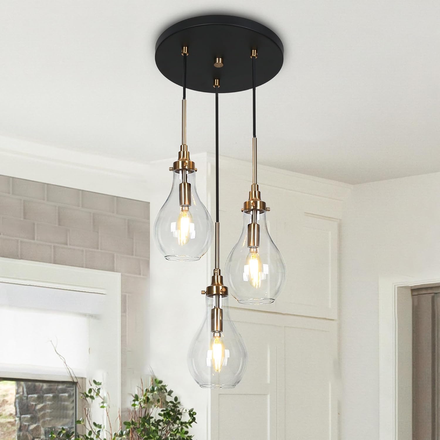 classy leaves Pendant Light Kitchen Island, 3 Light Black Gold Kitchen Island Lighting Modern Cluster Chandelier for Dining Room Farmhouse Ceiling Pendant Lights for Foyer Hallway Entryway 3-Light