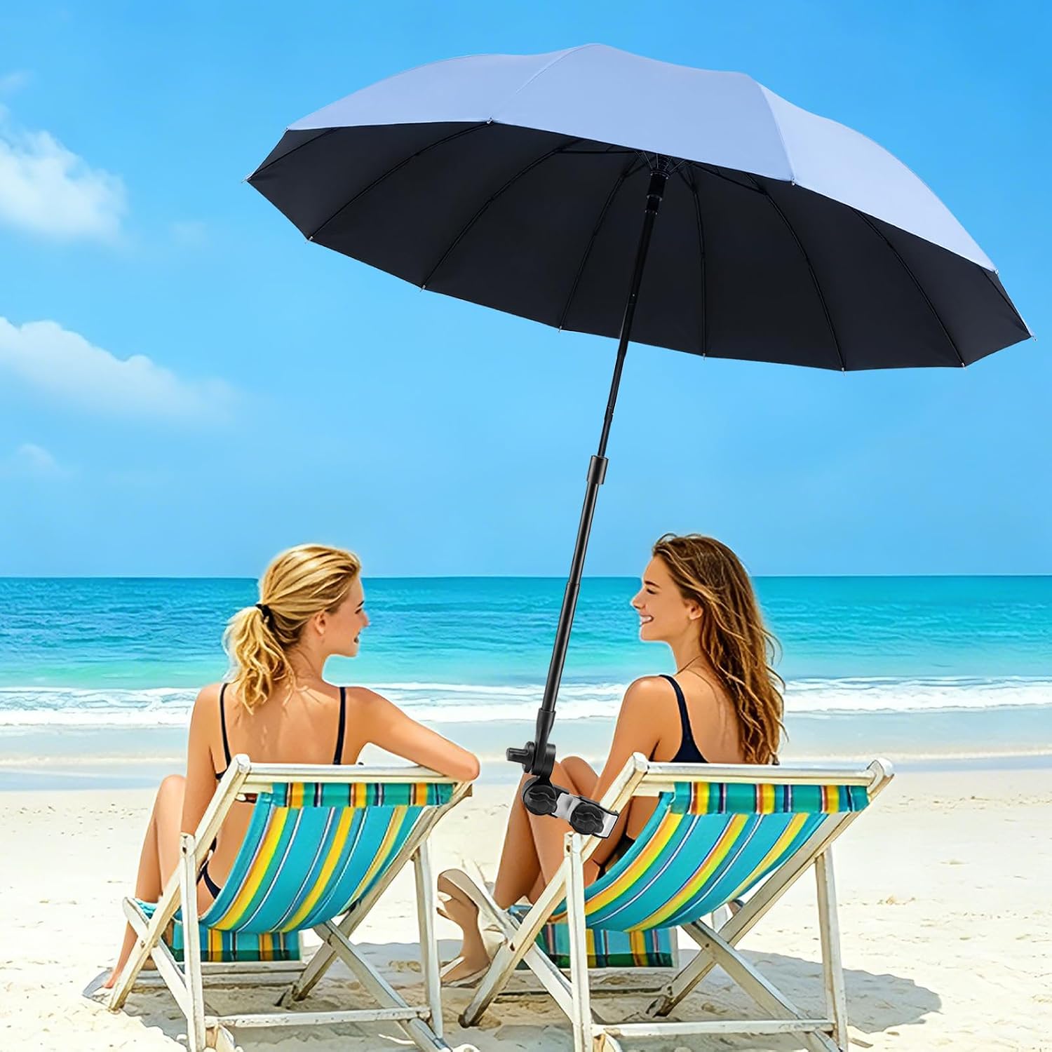 Beach Chair Umbrella With Clamp 360°& Height Adjustable Clip On Umbrella For Outdoor Camping Chair, UPF 50+ UV Protection Sun Umbrellas For Stroller, Wheelchair, Golf Carts, Patio, Boat, Fishing