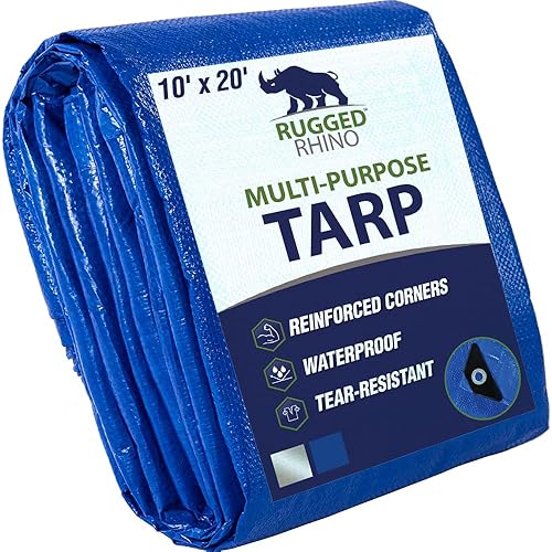 RUGGED RHINO Heavy Duty Waterproof Tarp, 10x20, UV and Tear Resistant Cover with Reinforced Grommets and Corners, Outdoor Multipurpose Tarps for Camping, Patio, Garden, Car & Roof, 5 Mil, 1 Pack, Blue