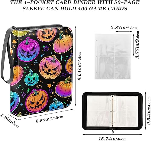 Miniatura 3 de Carpeta de tarjetas de calabaza de neón de Halloween, 4 bolsillos, con 50 fundas con cremallera, para 400 tarjetas, 3 anillos, para tarjetas de