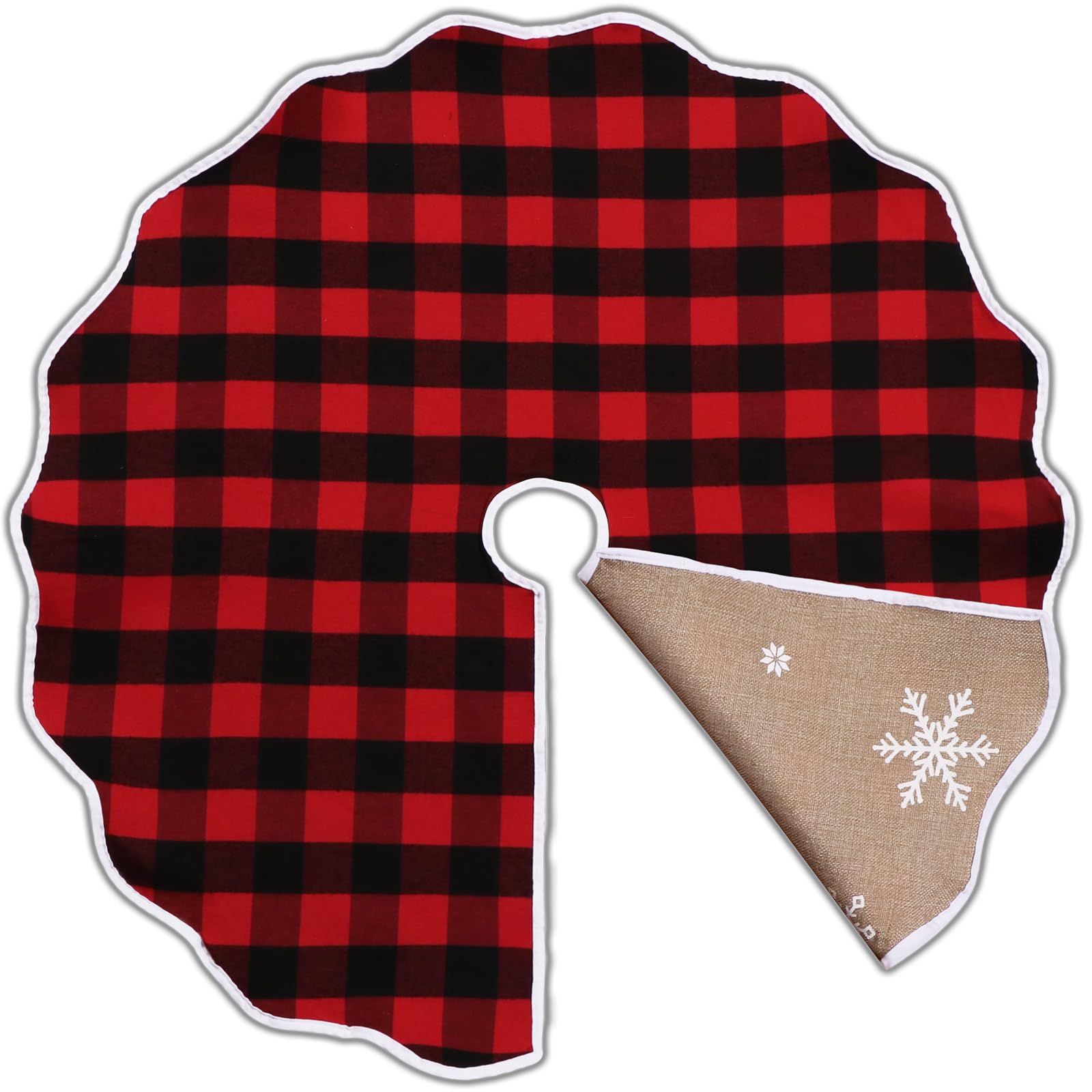 OurWarm Christmas Tree Skirt 36 Inch, Buffalo Plaid Red Tree Skirt for 6ft Tree & 4ft Tree, Double Sided Burlap Tree Skirt Snowflake Xmas Tree Skirts for Pencil Tree Boho Rustic Farmhouse Decor