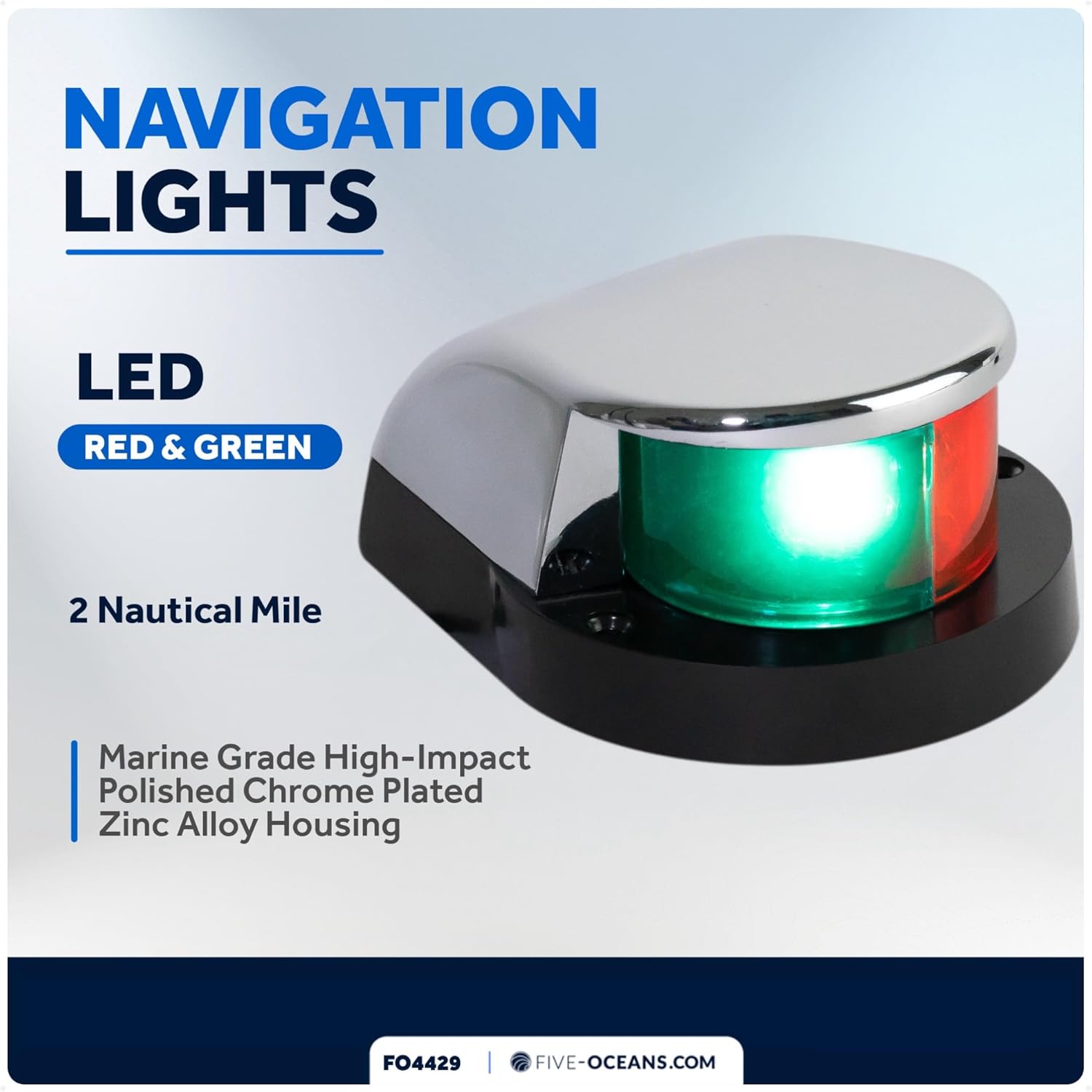 Five Oceans LED Boat Navigation Lights - Red & Green Bi-Color Bow Light, Horizontal Mount, 12V, USCG Compliant, 2NM Range for Pontoon & Fishing Boats - FO4429