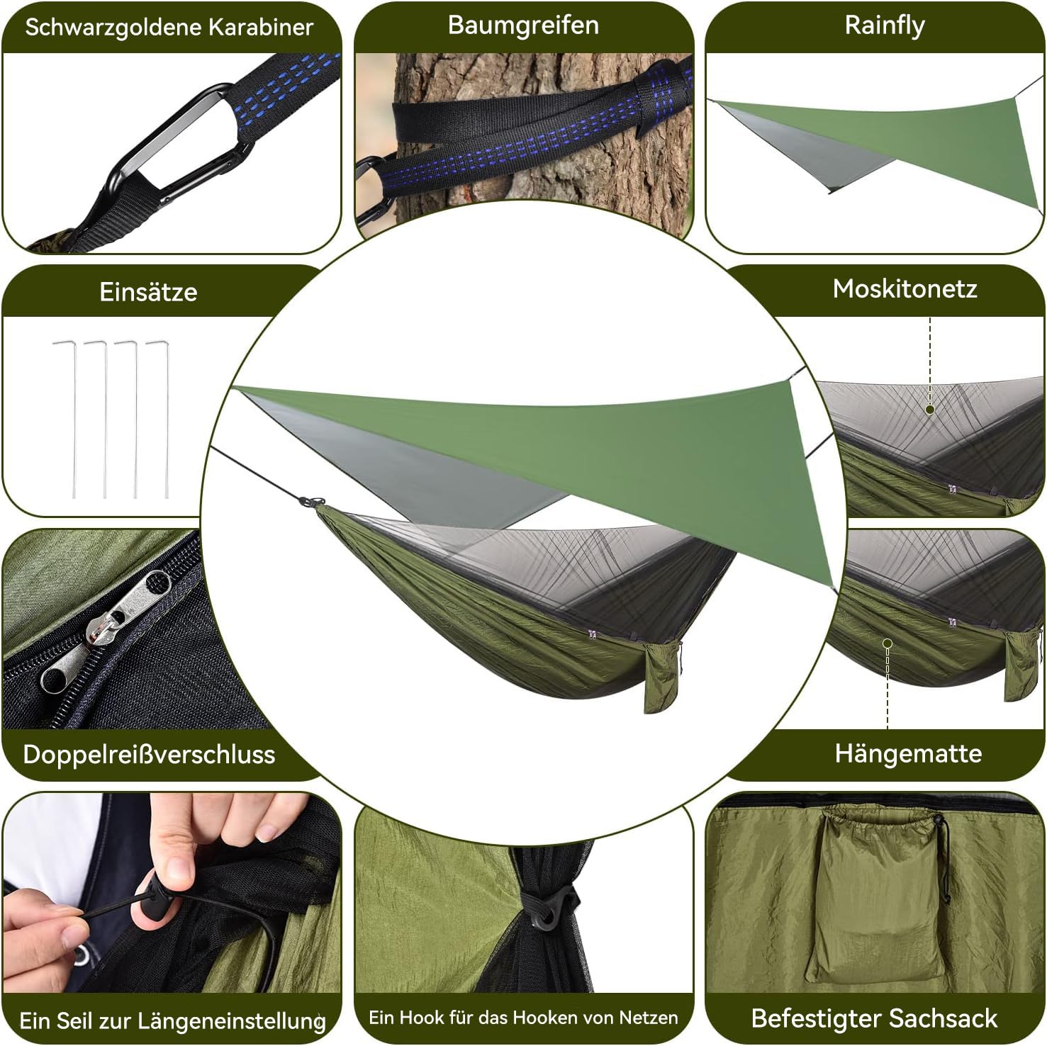OTraki Hängematte Outdoor mit Tarp Moskitonetz, 290 x 140cm Ultraleicht Reise Camping Hammock Hängematten 200kg Last Kapazität für Wandern, Reisen, Garten, Terrasse | Leichte Tragbare Pop-Up Nylon Hängematte mit Gurten 200 kg Tragkraft für Reisen Outdoor
