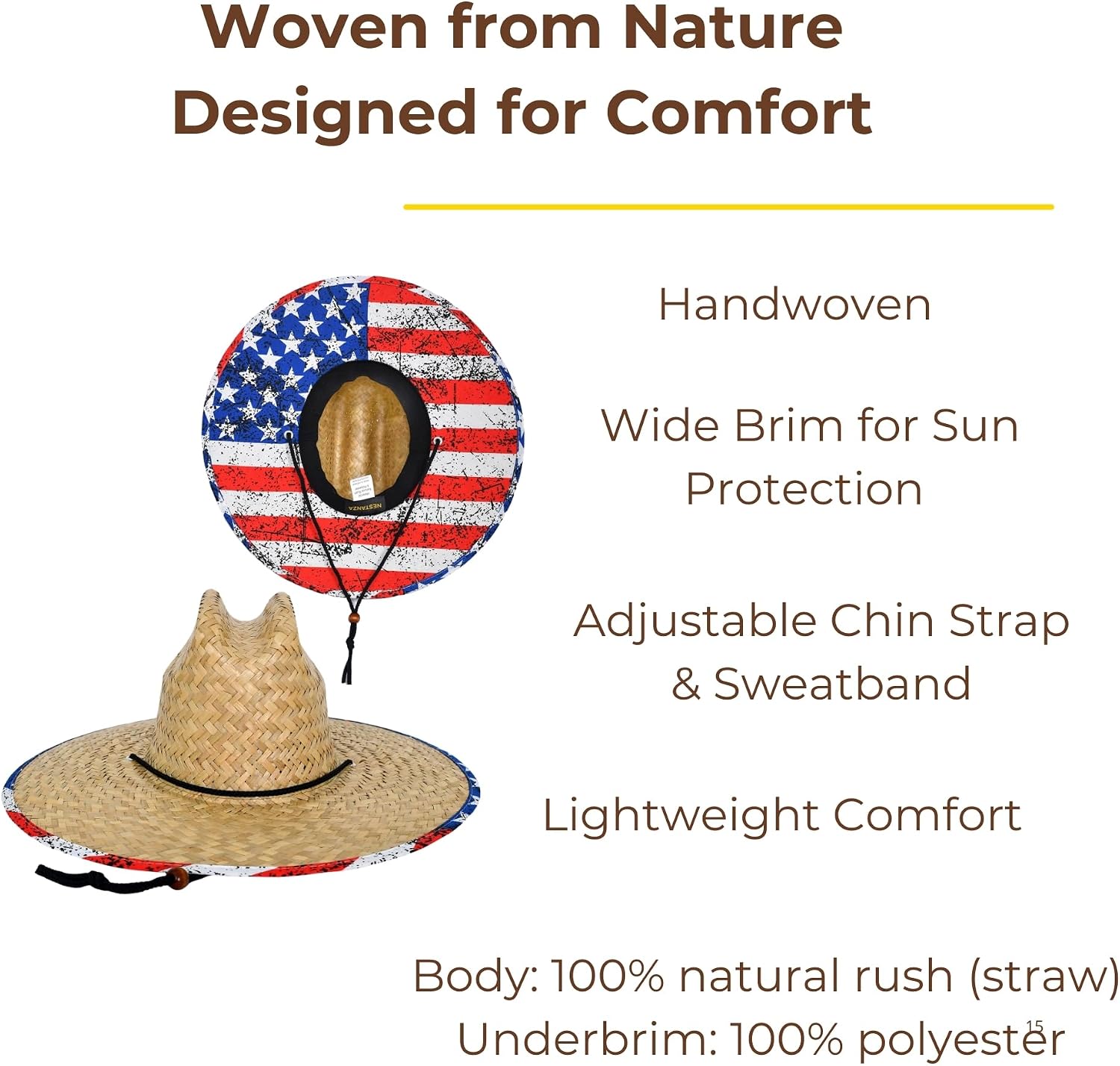 3 Pack Straw Hats for Men, Lifeguard Straw Hat, Wide Brim Sun Hat for Men, Natural Straw, Adjustable Chin Strap