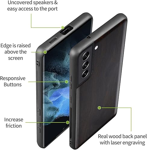Miniatura 6 de Carveit Funda de madera para Galaxy S21 FE 2022 madera real dura y TPU negro suave a prueba de golpes, funda protectora híbrida única y elegante de
