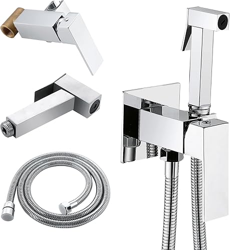 BARROCK Grifo rociador de bidé de agua caliente para inodoro con válvula de latón caliente y frío, juego de accesorios de bidé de mano cuadrado de