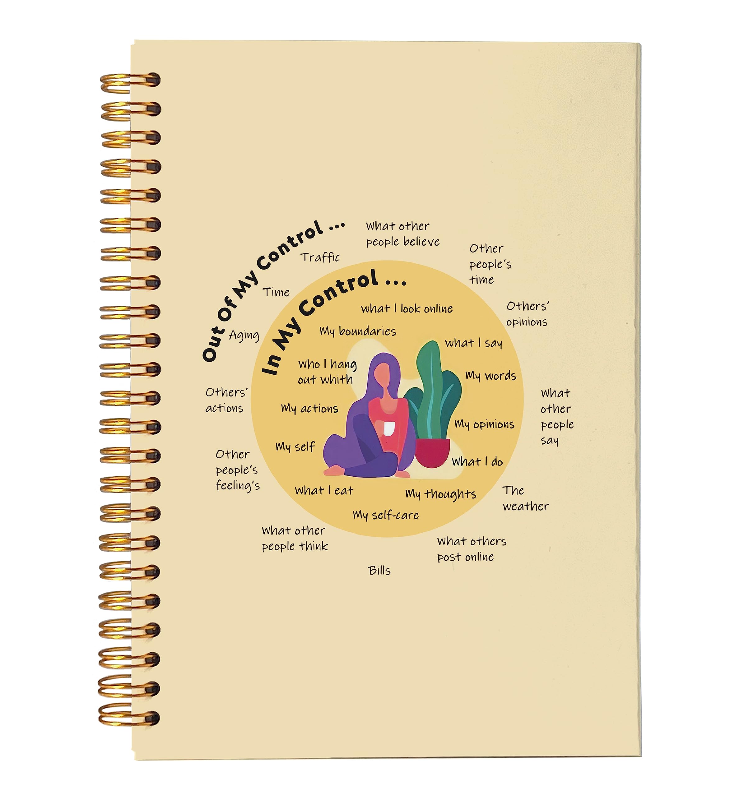 VNWEK Circle Of Control Mental Health Thing I Can and Cannot Control Boho Girl Plant Spiral Notebook Journal 5.5 x 8.3 inches,Psychology Lined Hardcover Spiral Notebook,Mental Health Awareness Gifts