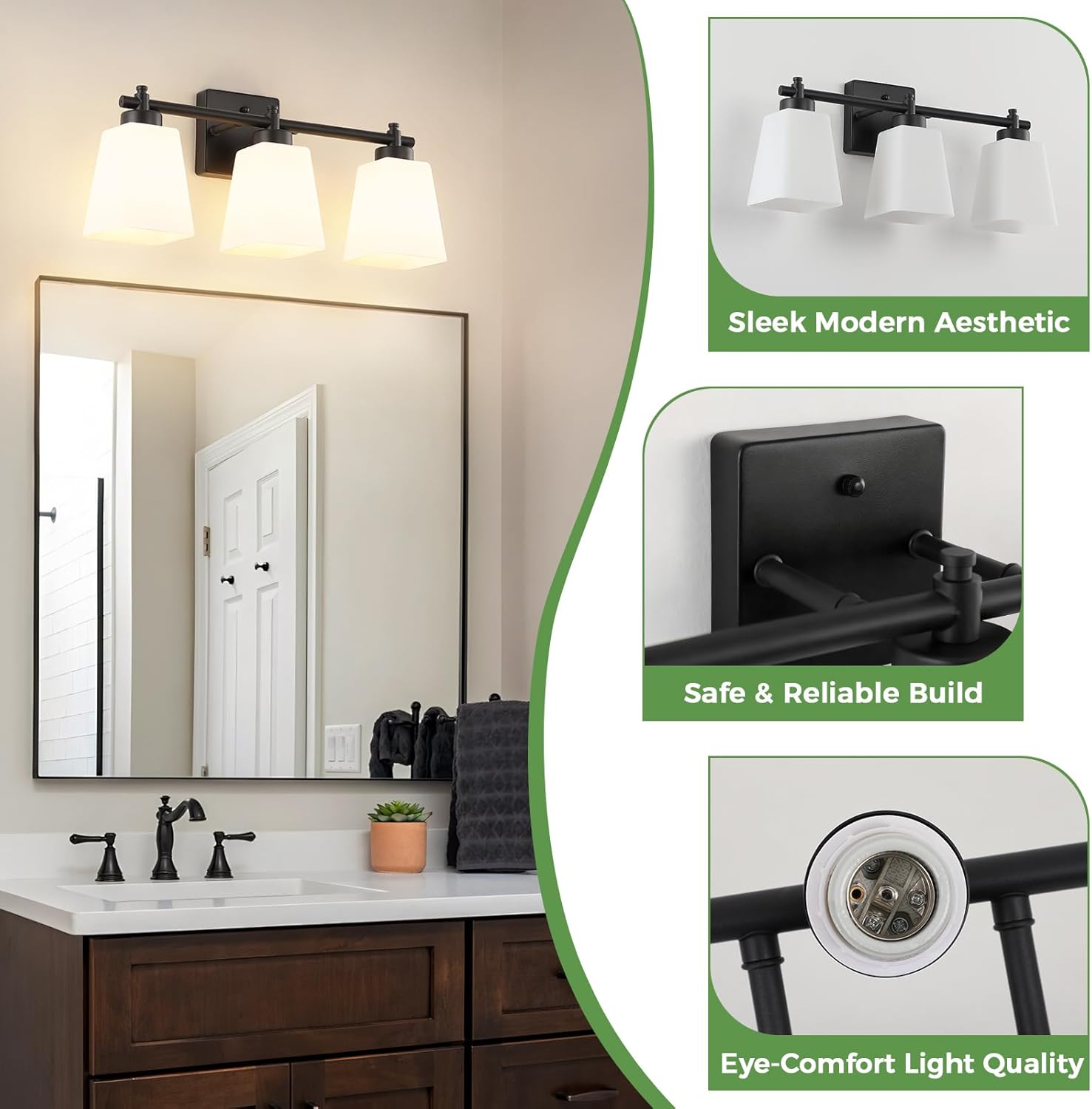 3-Light Bathroom Light Fixtures, 20" Black Modern Vanity Lights with Glass Shade, Bathroom Wall Lamp for Mirror Kitchen Living Room Hallway Porch