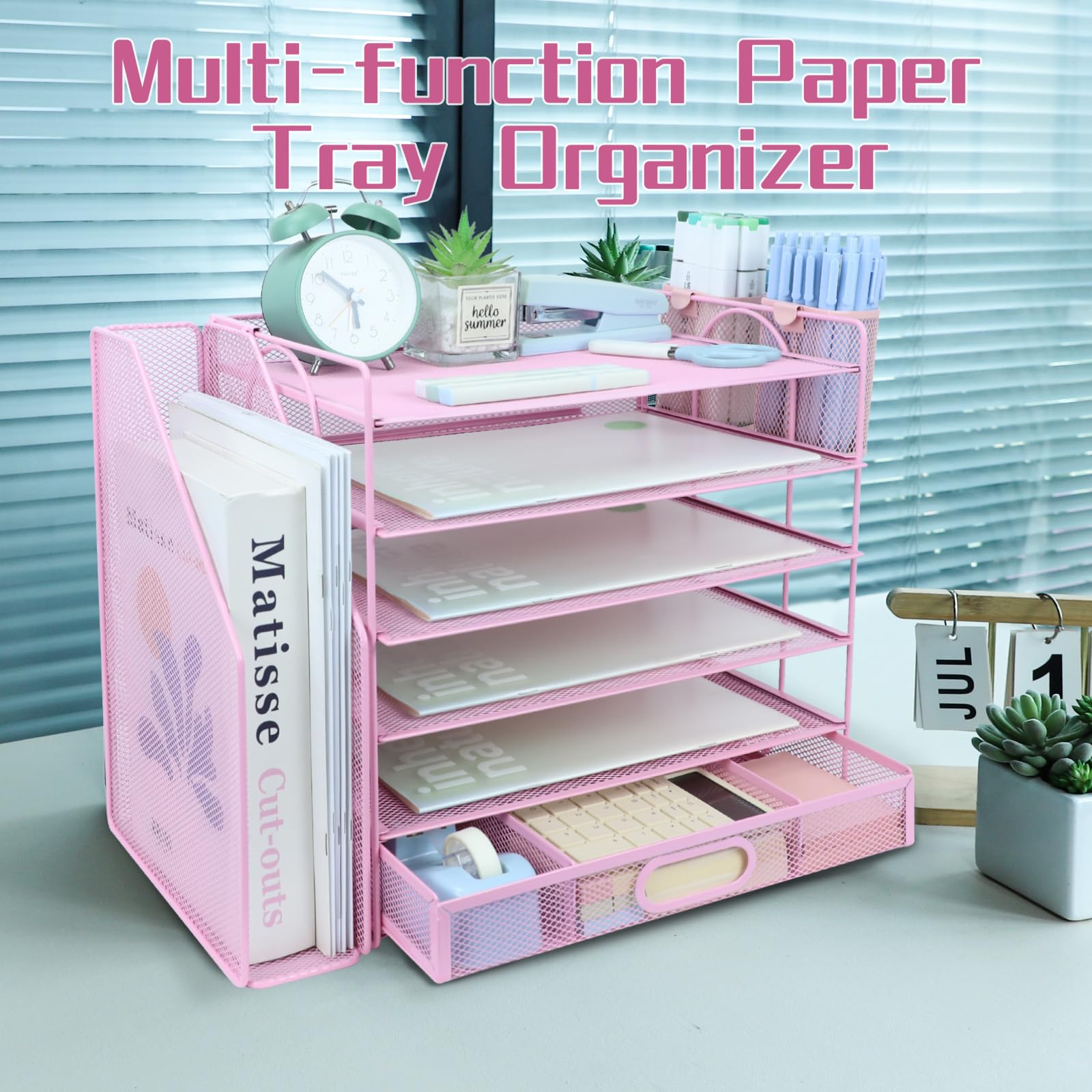 Organizer da scrivania e accessori con portadocumenti, organizer per lettere a 5 livelli con cassetto e 2 portapenne, organizer da scrivania in rete per forniture per ufficio, spazio di