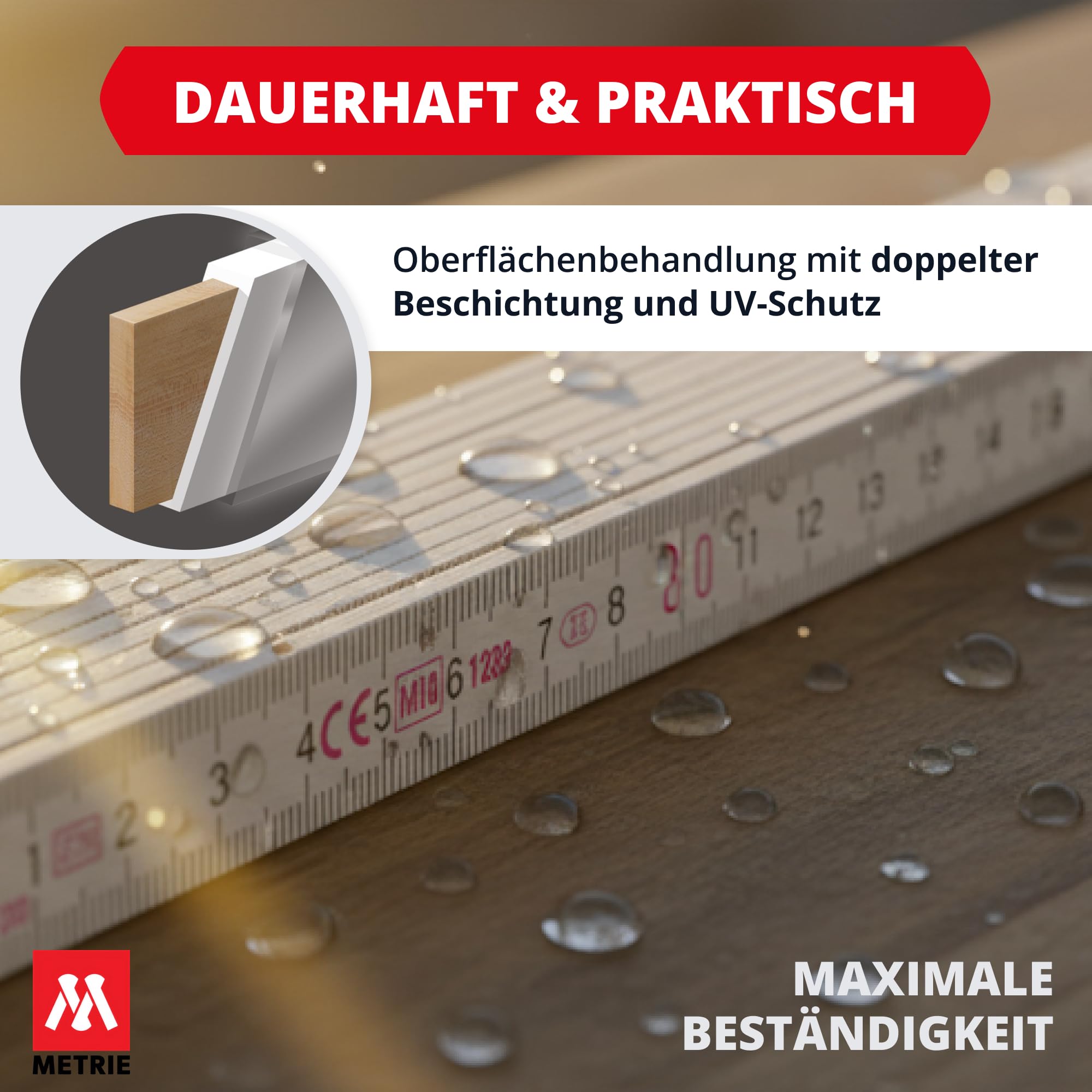 Metrie™ Zollstöcke Perfekt 10 – Gliedermaßstäbe 2m | Weiß | Lackiertes Holz, Stahlgelenke – Duplex Teilung, Hergestellt in der EU | Robuste & Präzise Holz-Gliedermaßstäbe | 100 Stück