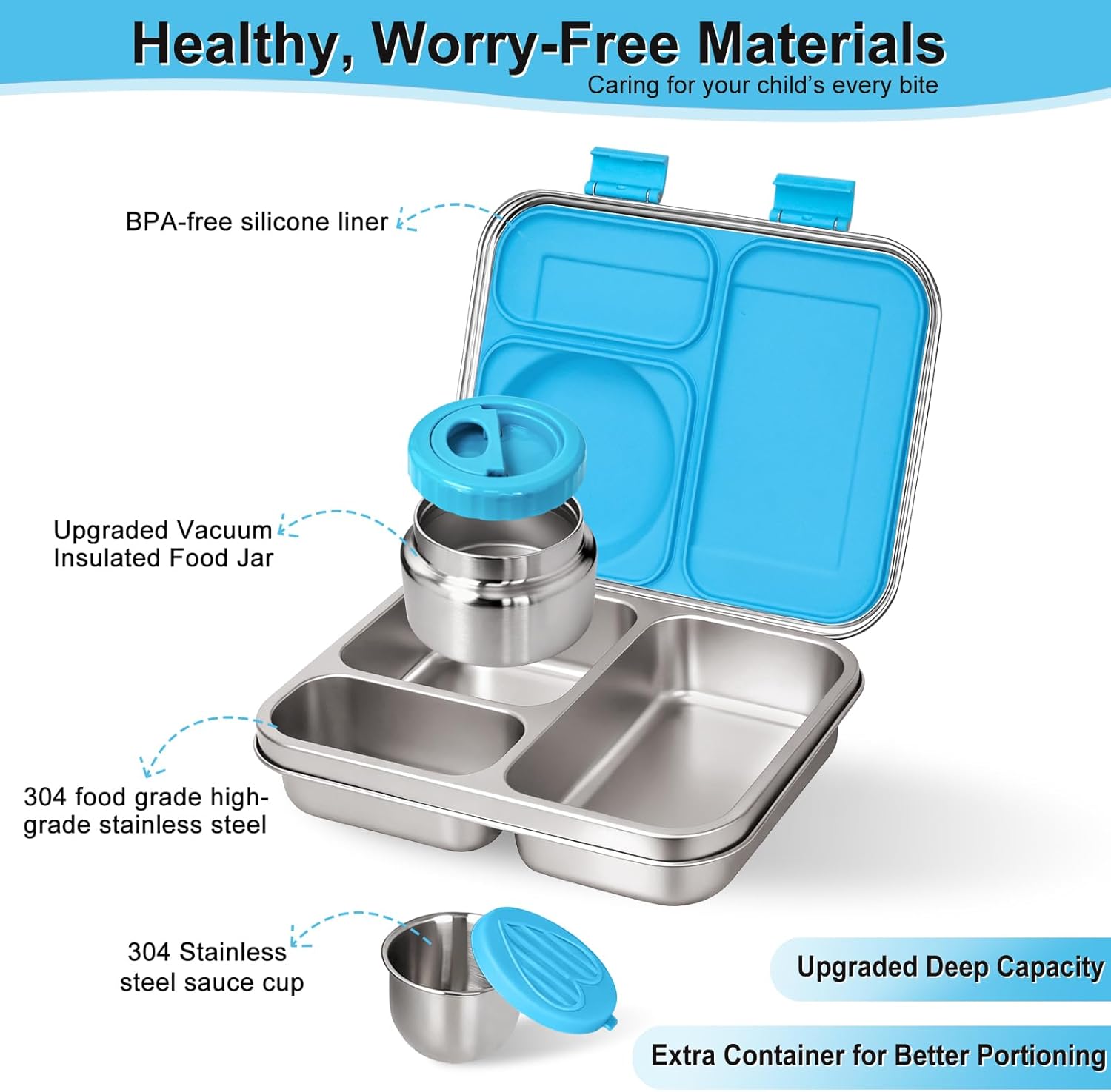 Stainless Steel Bento Lunch Box 7+Kids & Adult with Insulated Food Jar,Leakproof 3-Compartment,BPA-Free, Eco-Friendly,Dishwasher Safe,Compatible, Large-Capacity Box for School,Office &Travel -(Blue) - Image 5