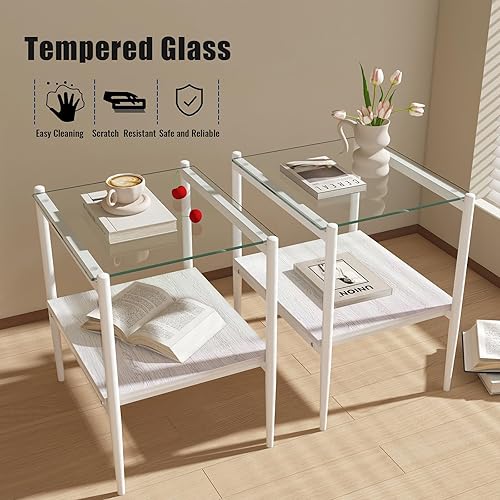 Miniatura 8 de Juego de mesa auxiliar y mesa auxiliar de 3 piezas, marco de metal blanco, mesas auxiliares superiores de vidrio, estante superior cuadrado, mesas