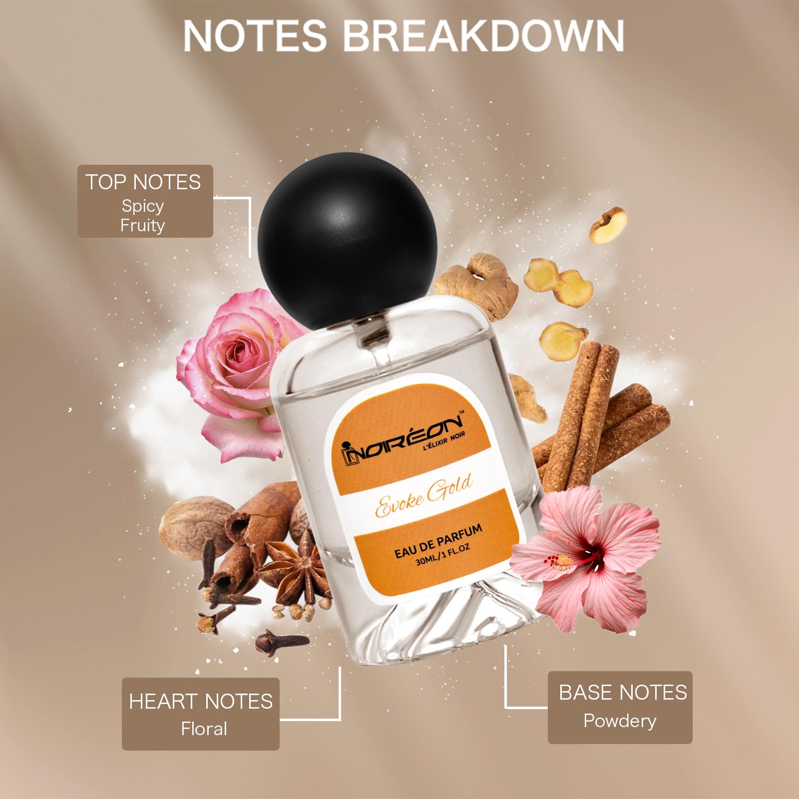 NOIREON Evoke Gold Eau De Parfum – 30ml | Warm Spicy Floral Powdery Perfume for Men & Women 2