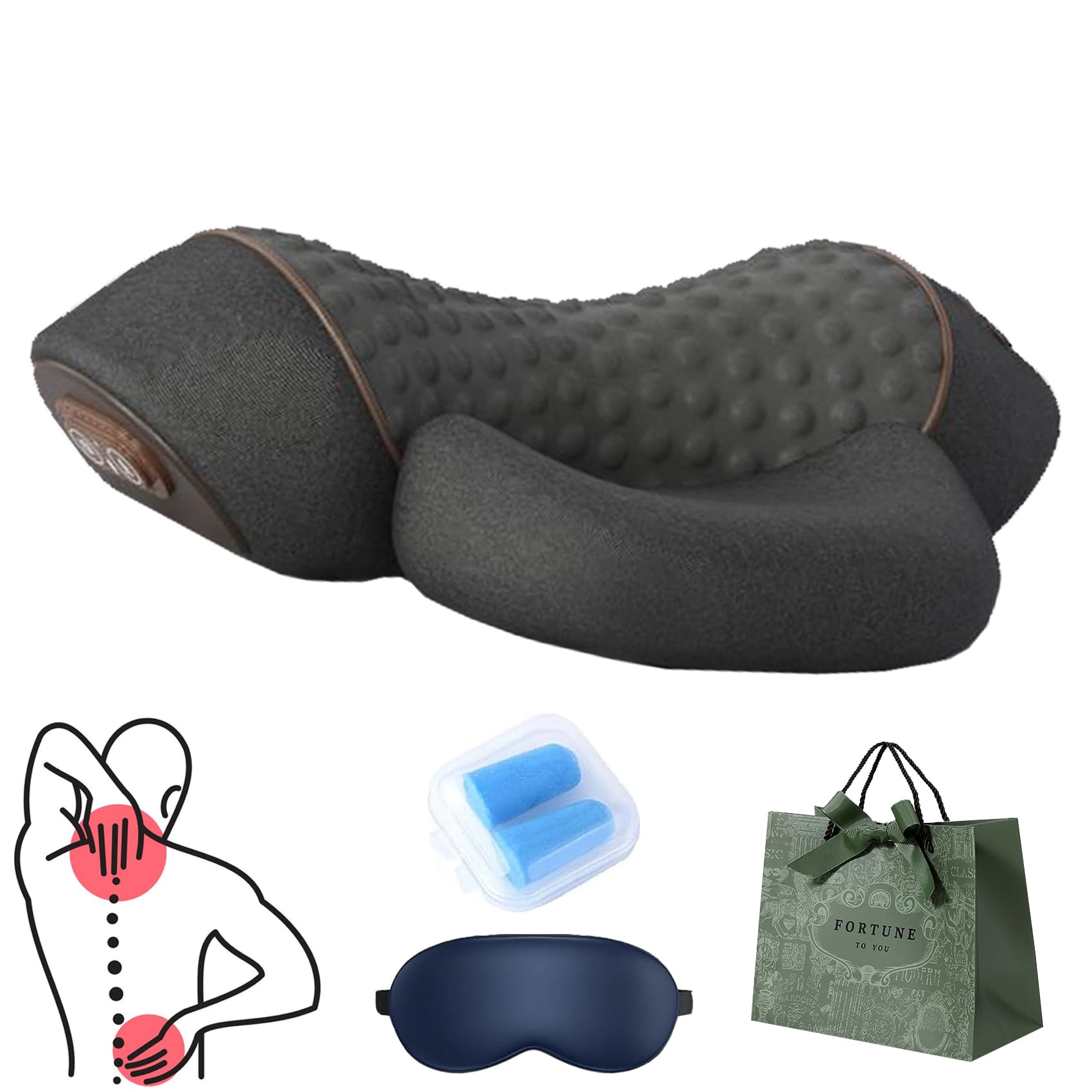 Core Hero 3-in-1 Neck Massage Pillow, Thera Pillow, Deep Massage and Relaxation, with Heat, with Traction for Sleep Aid (Black,Heating)