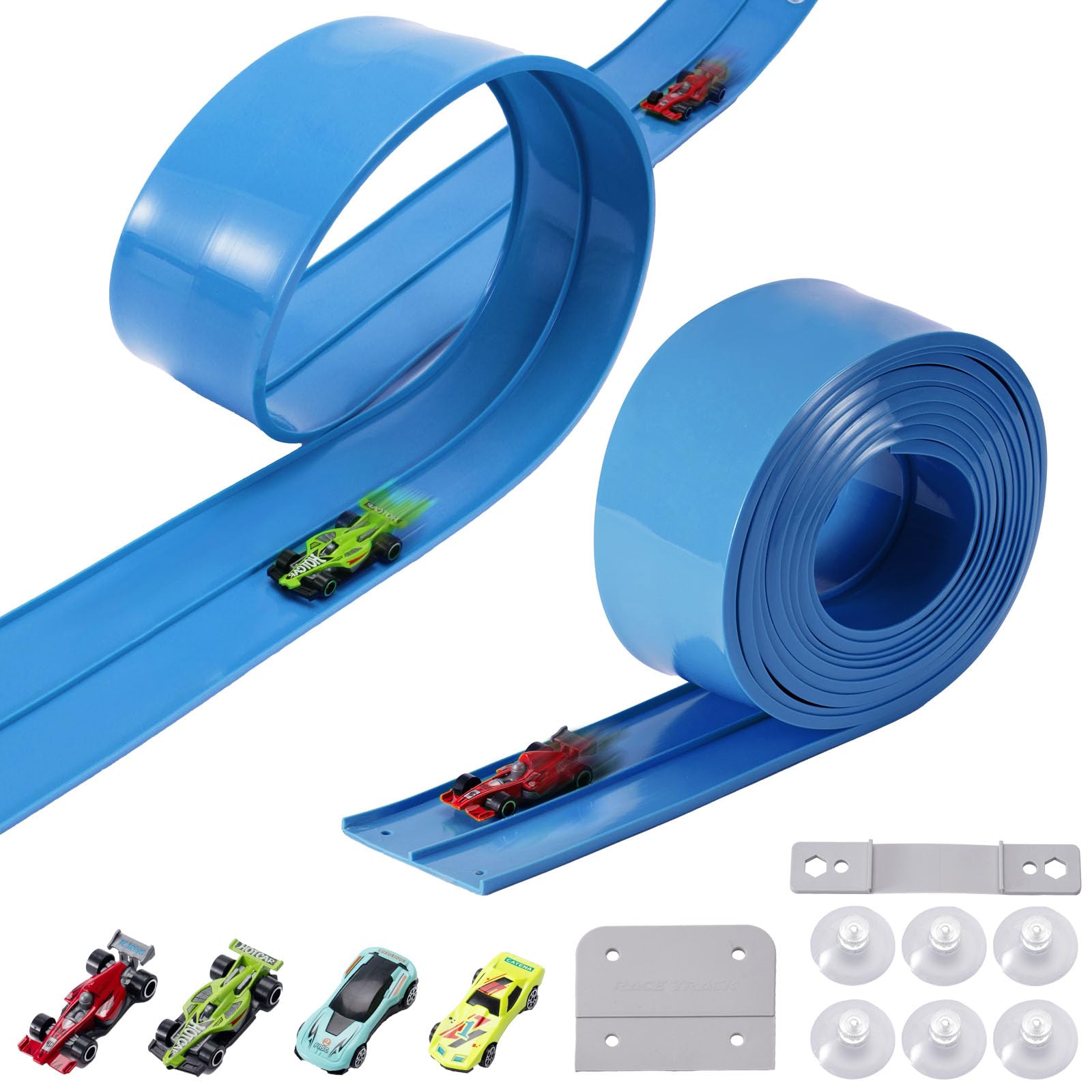 Flex Track Race Cars for Kids, Rubber Have Extra-Long 15.75ft is Customizable Race Track, with 4 Racing Cars and 6 Suction Cups, Flexible Race Track