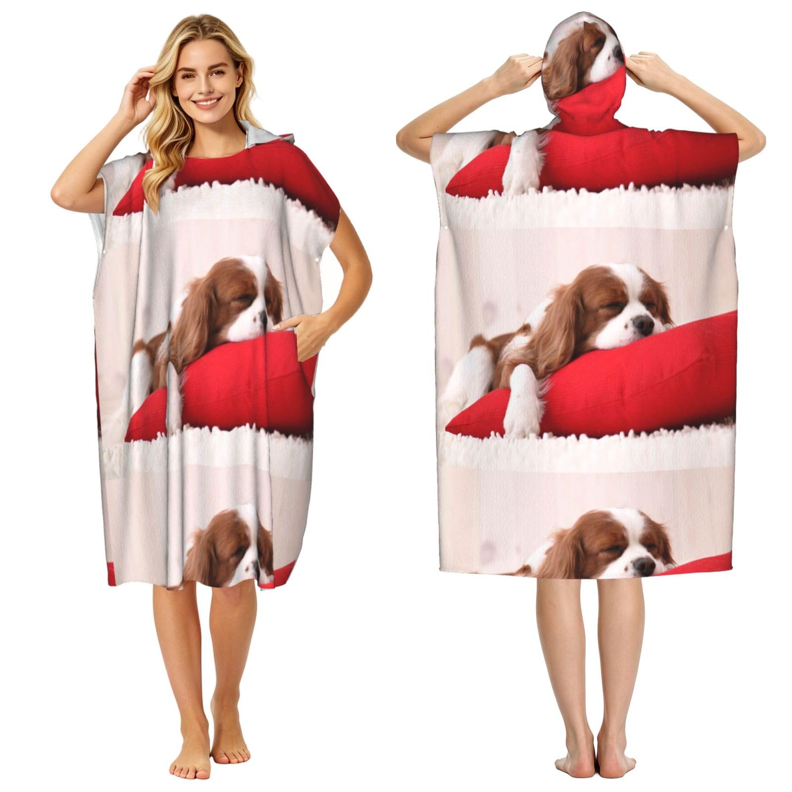 Poadnly Cavalier King Charles Spaniel Pattern, Adult Hooded Beach Towel 90 x 110 cm,Changing Bath Robe, Surf Poncho Towel For Women Men