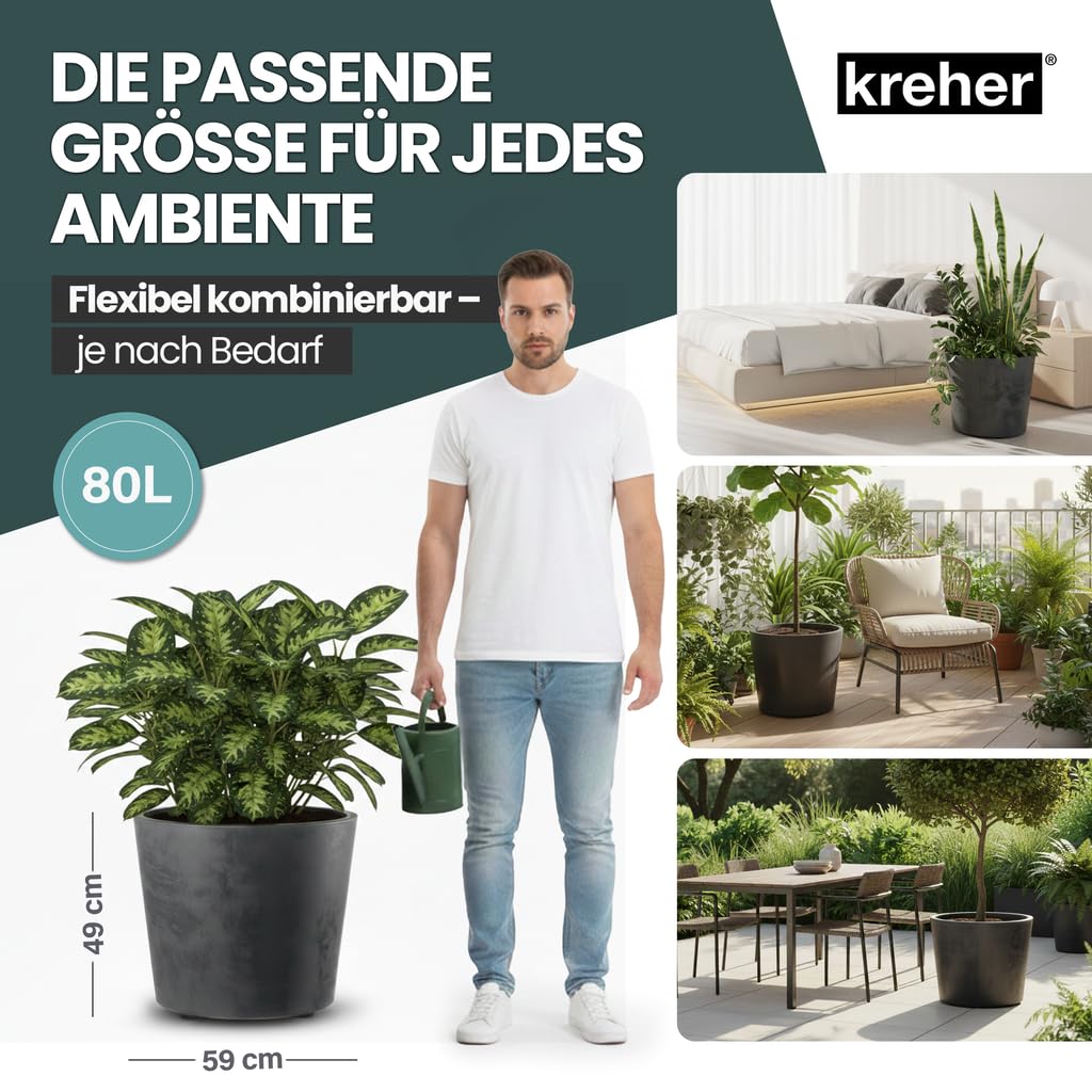 Kreher Pot de fleurs XXL Millennium avec plateforme roulante et un volume de 80 litres ! Magnifique aspect pierre naturelle en brun ou anthracite ! Dimensions : 59 x 49 cm (ØxH) (Anthracite)