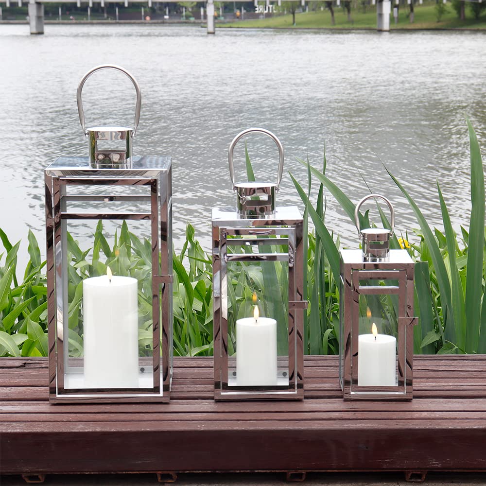 TRIROCKS Set di 3 Lanterne Decorative in Acciaio Inossidabile 48/38/30 cm Alte, Porta Candela Appeso in Metallo con Vetro Trasparente per Decorazioni Casa, Soggiorno (Argento)