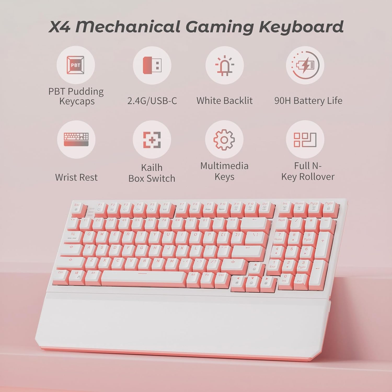 Hexgears X4 Wireless Mechanica Keyboard, 99-Key Clicky Switch White Backlit Gaming Keyboard - NKRO 2.4G/USB-C with Wrist Rest, Pudding Keycaps-White/Pink
