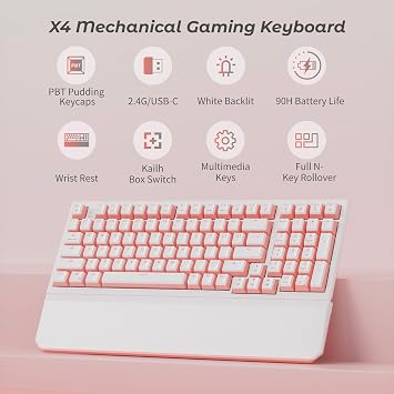 Hexgears X4 Wireless Mechanica Keyboard, 99-Key Linear Switch White Backlit Gaming Keyboard - NKRO 2.4G/USB-C with Wrist Rest, Pudding Keycaps-White/Pink