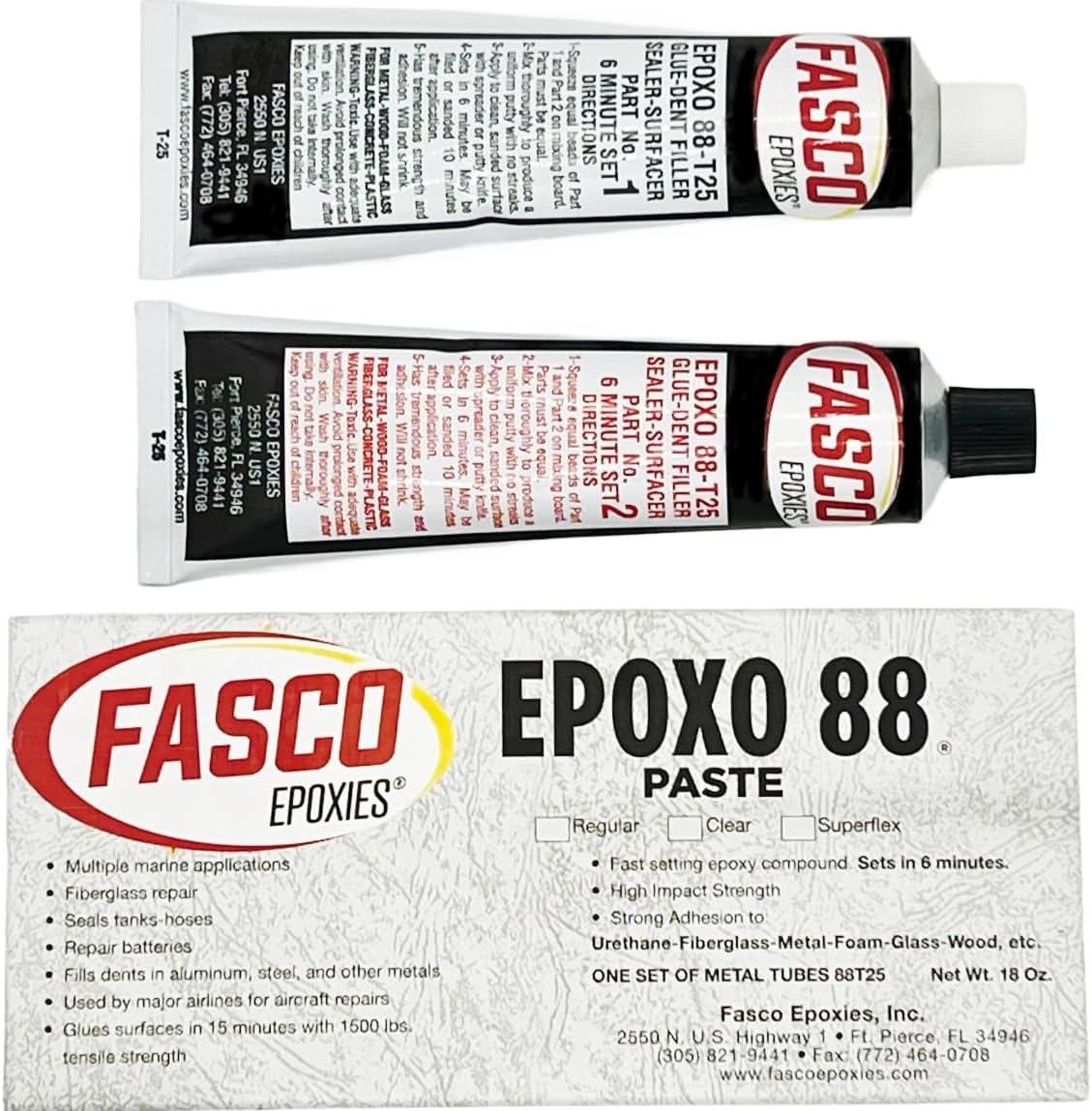 Fasco Epoxo-88 | 6min Set Epoxy Paste Superflex Adhesive Glue Grey 18oz Tube kit
