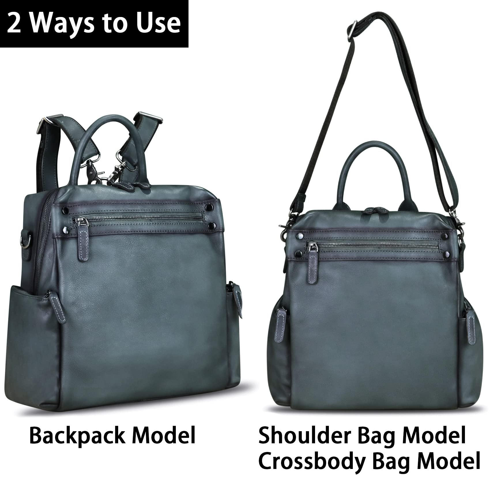 LRTO Genuine Leather Backpack Purse for Women Vintage Casual Daypack Knapsack Handmade Rucksack Convertible Shoulder Bag (Grey) Medium