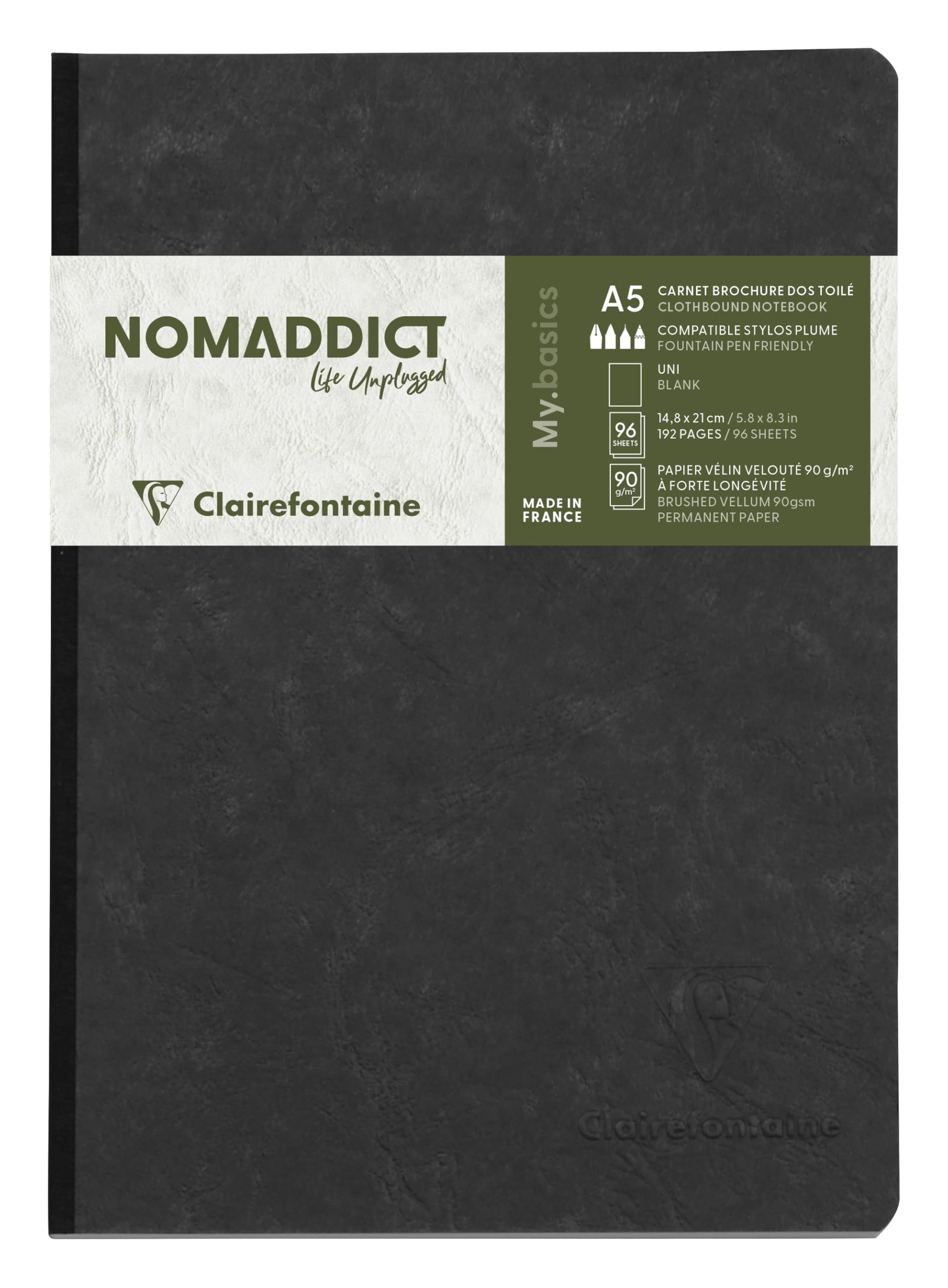 Clairefontaine 795401C Collection Age Bag Black Canvas Back Stitched Notebook - A5 14,8x21 cm - 192 Plain White Pages - Paper 90 g - Leather Grain Cover Card