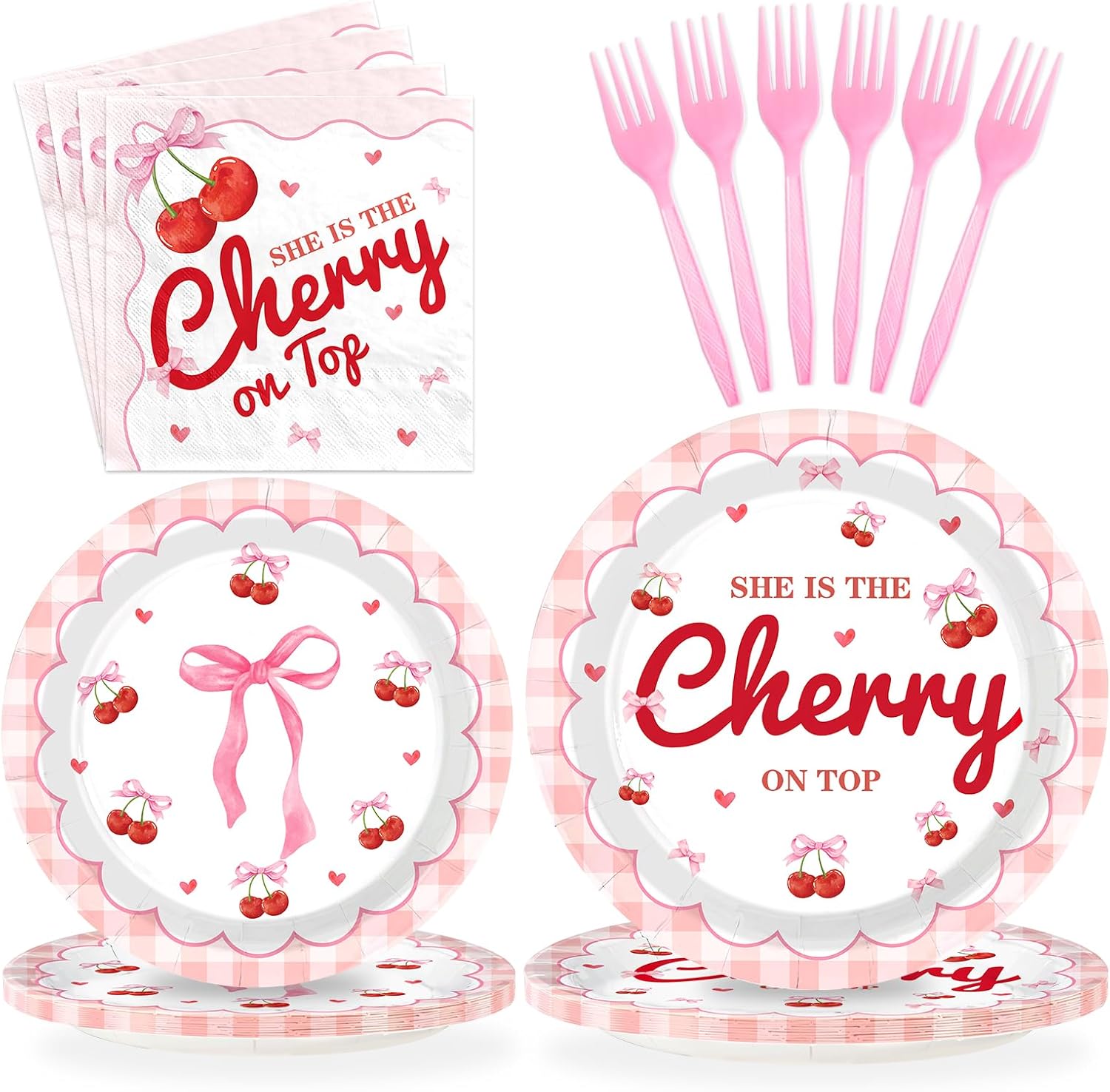 96Pcs She's the Cherry on Top Bachelorette Party Decorations Pink Bow Cherry Plates and Napkins Coquette Bridal Shower Decorations for Girls Wedding Engagement Baby Shower Birthday Supplies Serve 24 Cherry Pink Bow Plates