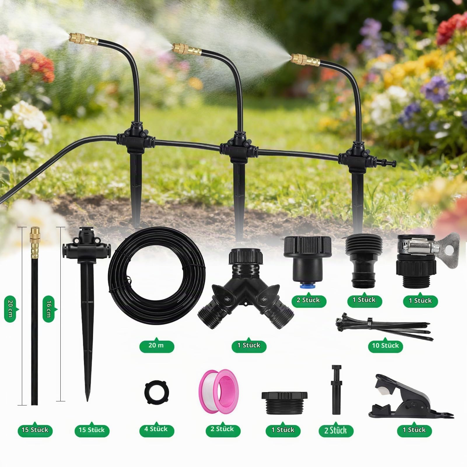 Automatisches Bewässerungssystem Garten, 360° Verstellbar Automatische Bewässerung mit Einstellbare Düse, Tropfbewässerungssystem für Garten, Balkon, Gewächshaus, Hochbeet Bewässerung (20M)