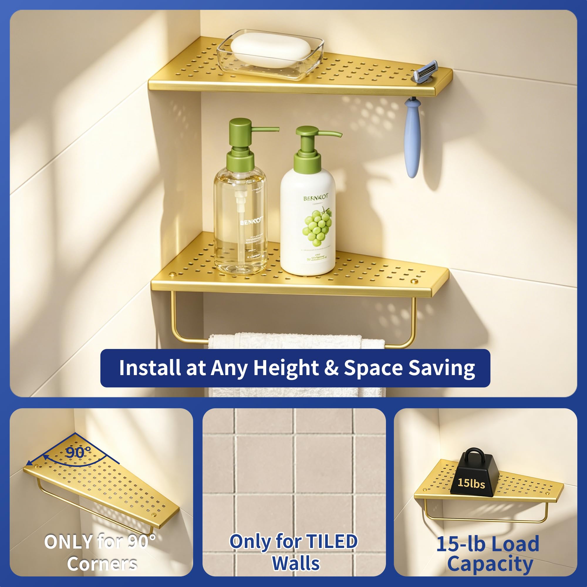 Estante de pared de acero inoxidable 304, estante de ducha sin taladrar con barra de toalla, moderno diseño flotante para baño, ducha y cocina, organizador de champú antióxido, 305 x 155 mm