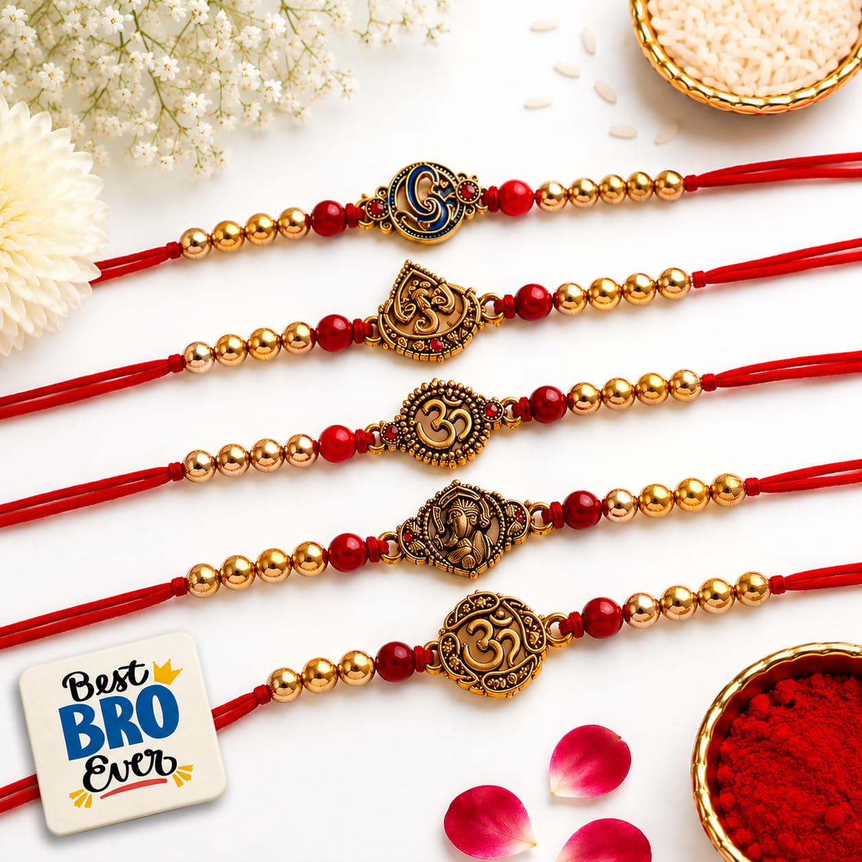 eCraftIndia Set of 5 Red & Golden Om Symbol and Lord Ganesha Designer Religious Rakhi with Roli Chawal Pack and Best Bro Ever Fridge Magnet - Rakhi for Brother, Bhaiya, Bhai