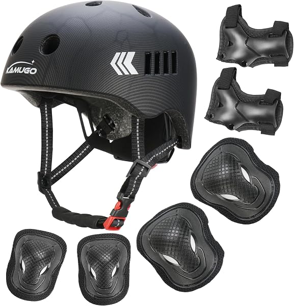 Kamugo Equipo de Protección Ajustable para Niños - Casco, Rodilleras, Coderas, Guantes, Compatible con Bicicleta, Skateboard, monopatín y Otros Deportes Extremos - 1